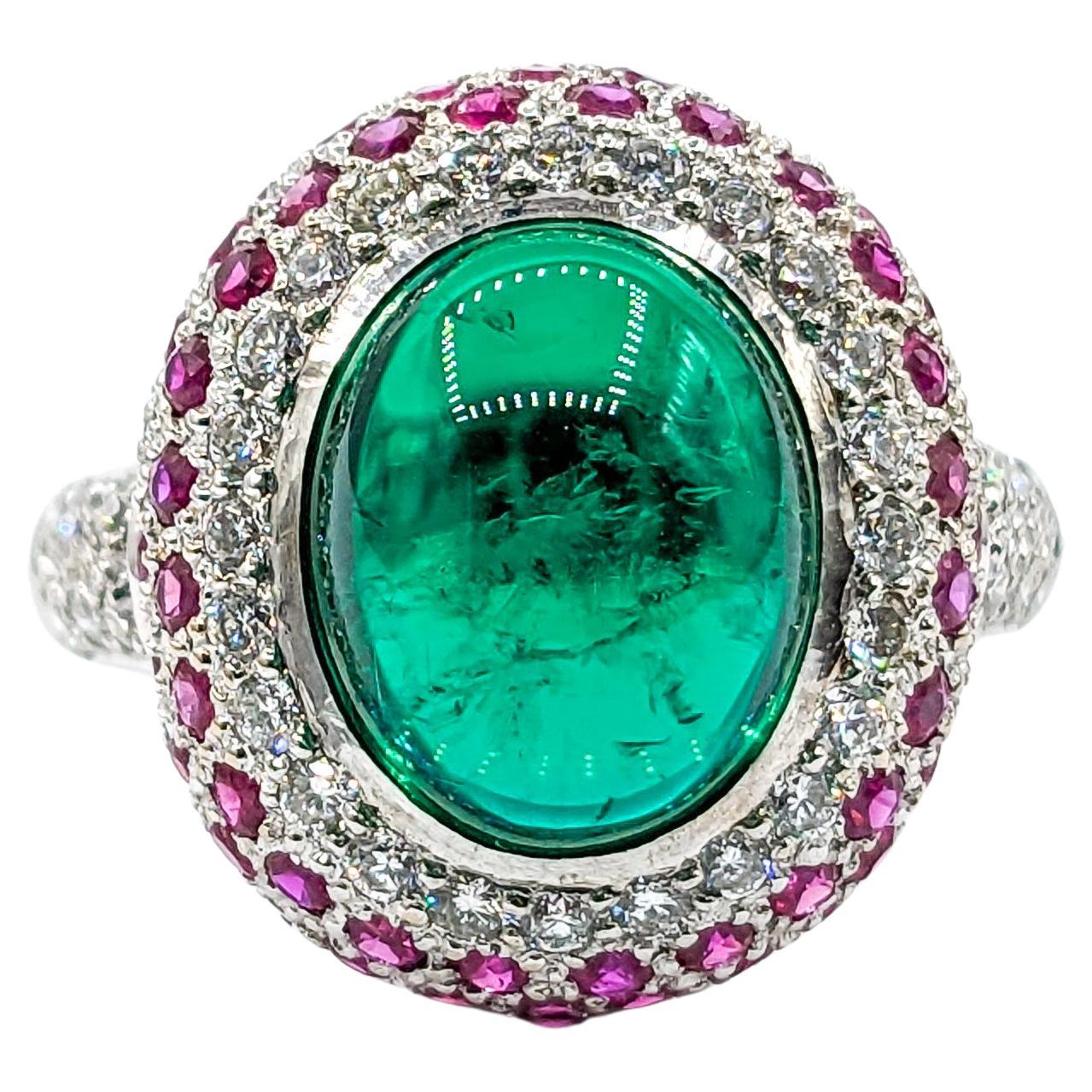 Chatham Emerald & Ruby , Diamond Ring In White Gold