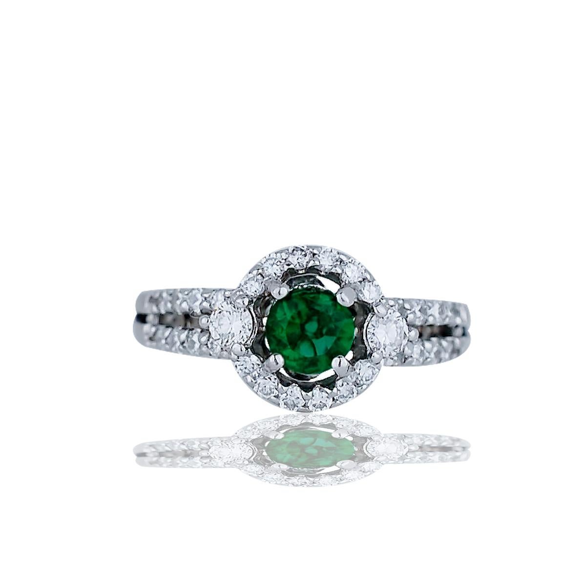 Contemporary Chatham Emerald Set with Diamonds in Halo Diamond Ring, 1.25 Carat For Sale
