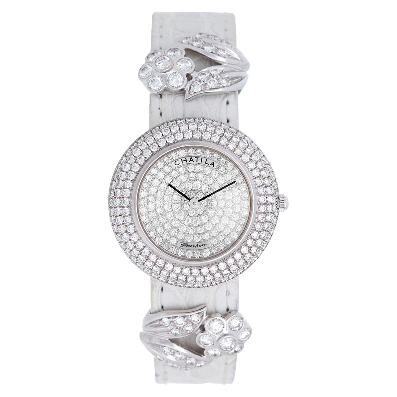 Chatila Ladies White Gold Diamond Pave Arc-en-Ciel Wristwatch