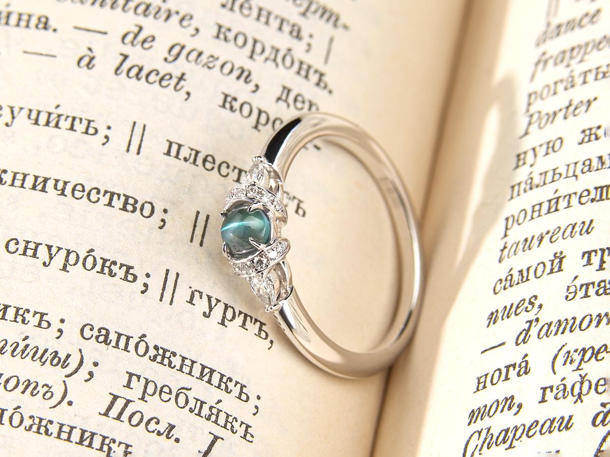 Cabochon Chatoyancy Alexandrite Diamond Gold Ring Engagement Teal Green Art Deco Style