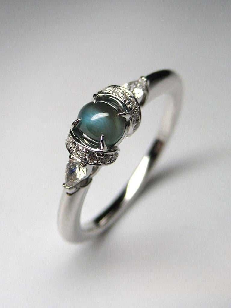 Chatoyancy Alexandrite Diamond Gold Ring Engagement Teal Green Art Deco Style 8