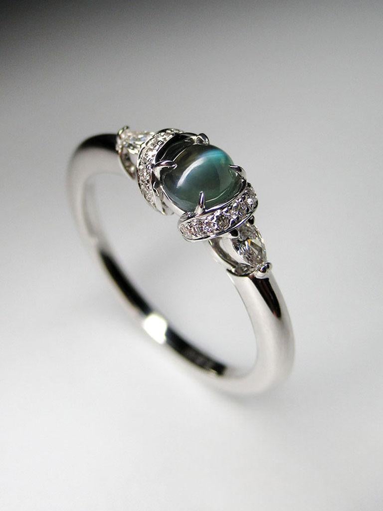 Chatoyancy Alexandrite Diamond Gold Ring Engagement Teal Green Art Deco Style For Sale 10