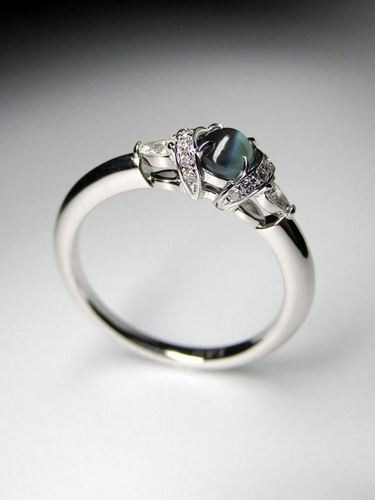 Chatoyancy Alexandrite Diamond Gold Ring Engagement Teal Green Art Deco Style For Sale 11