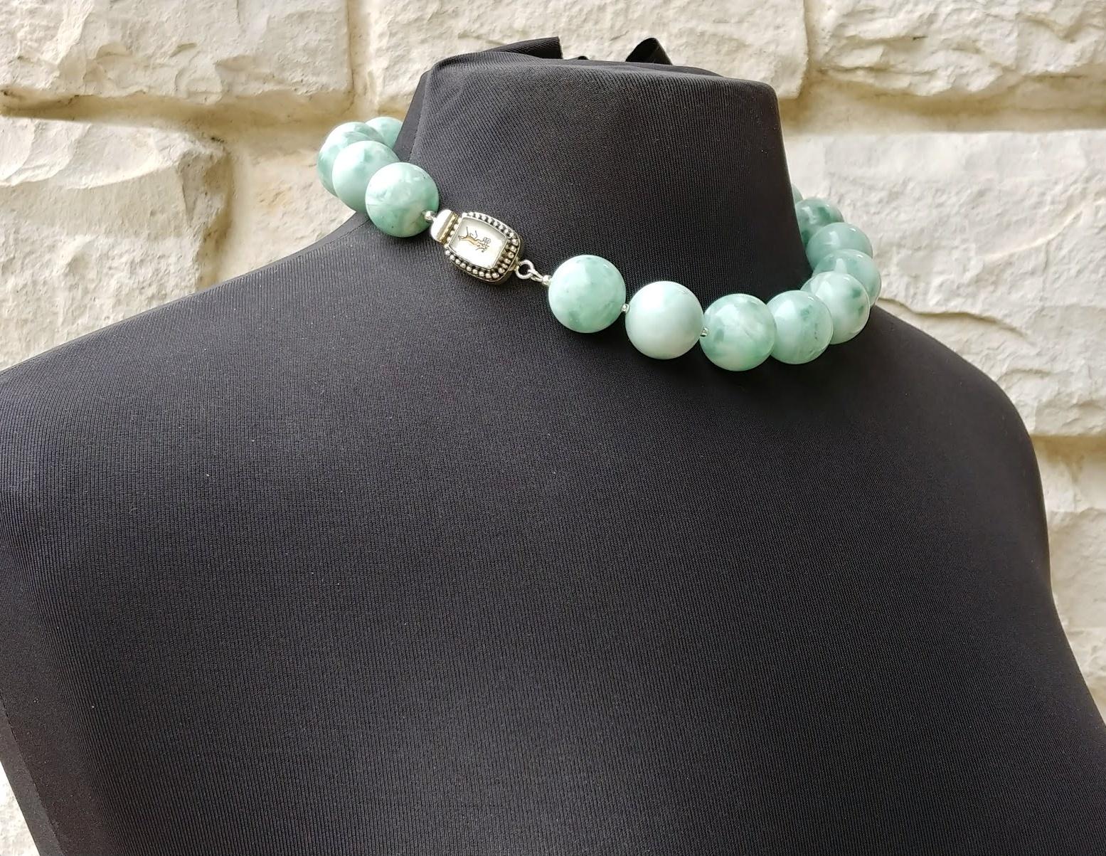 Women's Chatoyant Green Angelite Necklace With Unique Vintage Clasp For Sale