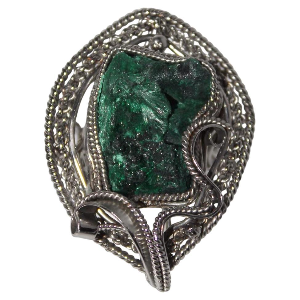 Chatoyant malachite ring, artistan rough malachite ring For Sale