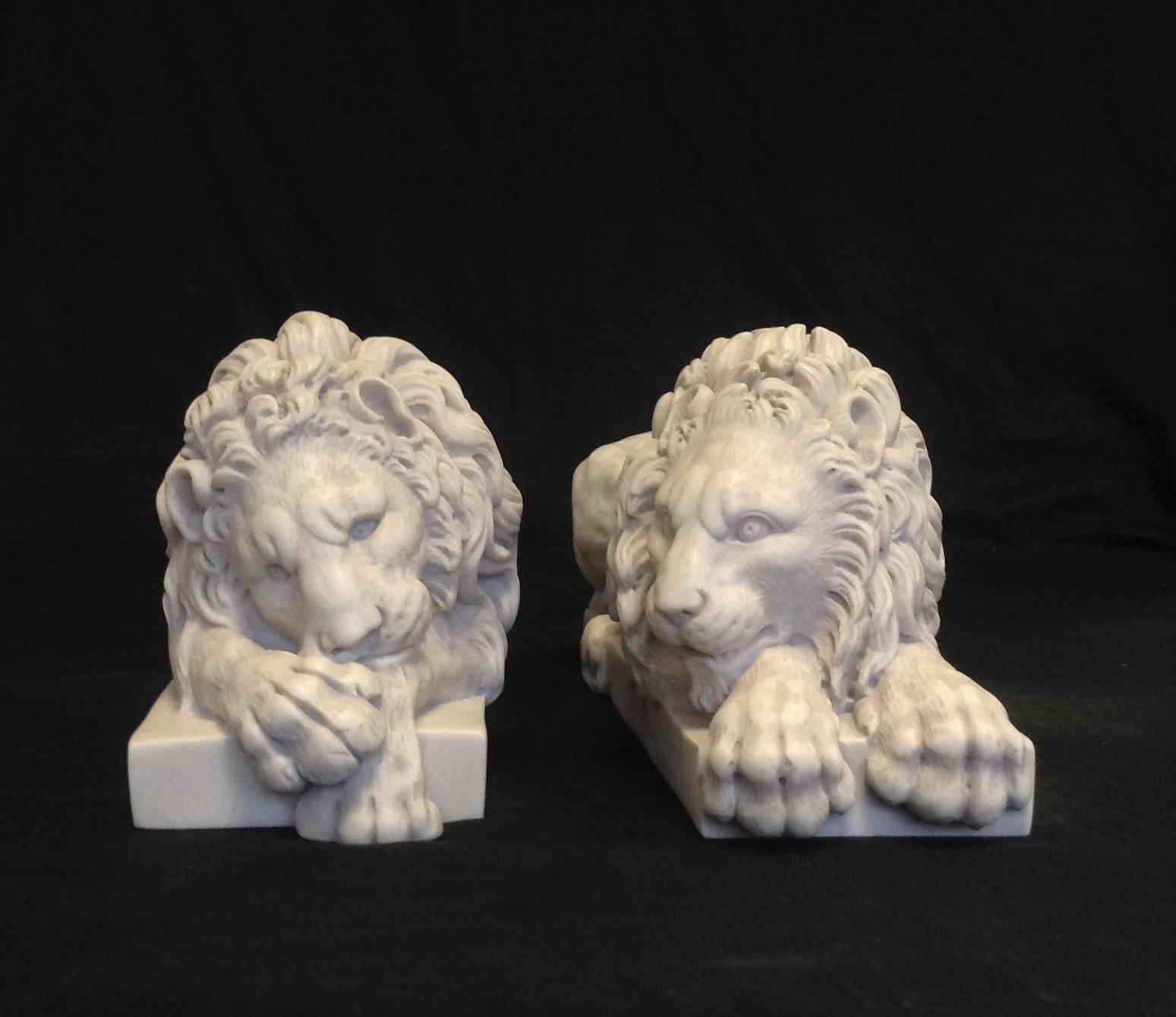 A stunning Chatsworth marble lions pair, 20th century.
The Chatsworth lions, a pair.


The famous marble Lions were originally made by the sculptor Antonio Canova for the Rezzonico monument in St. Peters, Rome. 

They were then commissioned by