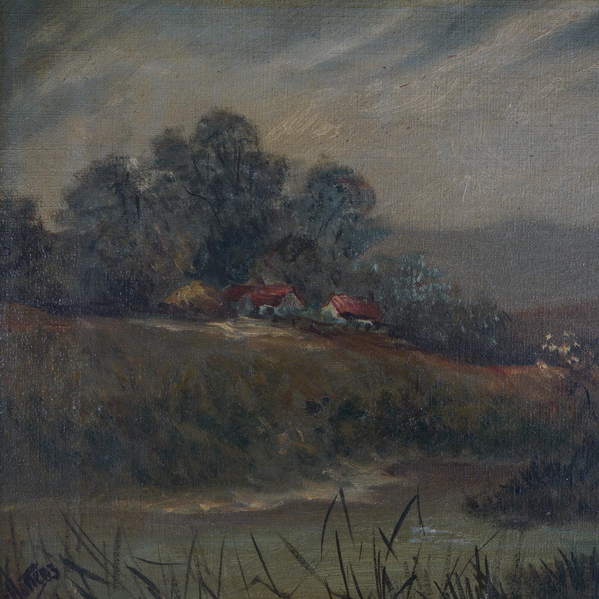 Chatten Oil on Canvas Landscape of Rural Village Scene with Figures, Giltwood Framed, C1890

Measures - 12