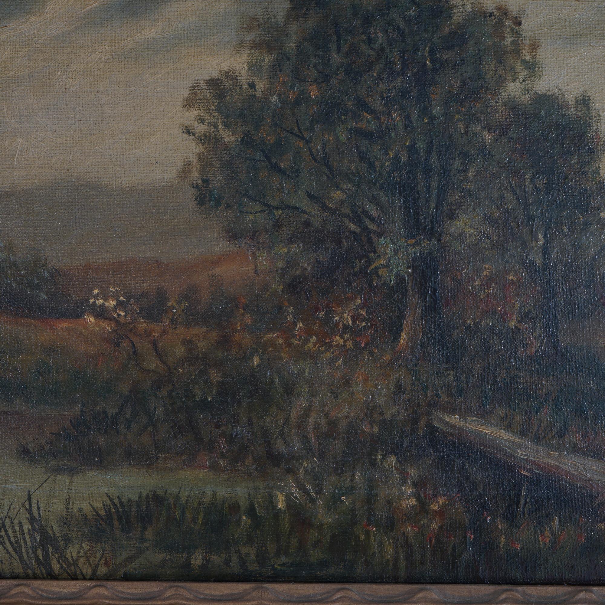 Hand-Painted Chatten Oil on Canvas Landscape of Rural Village Scene, Framed, C1890 For Sale