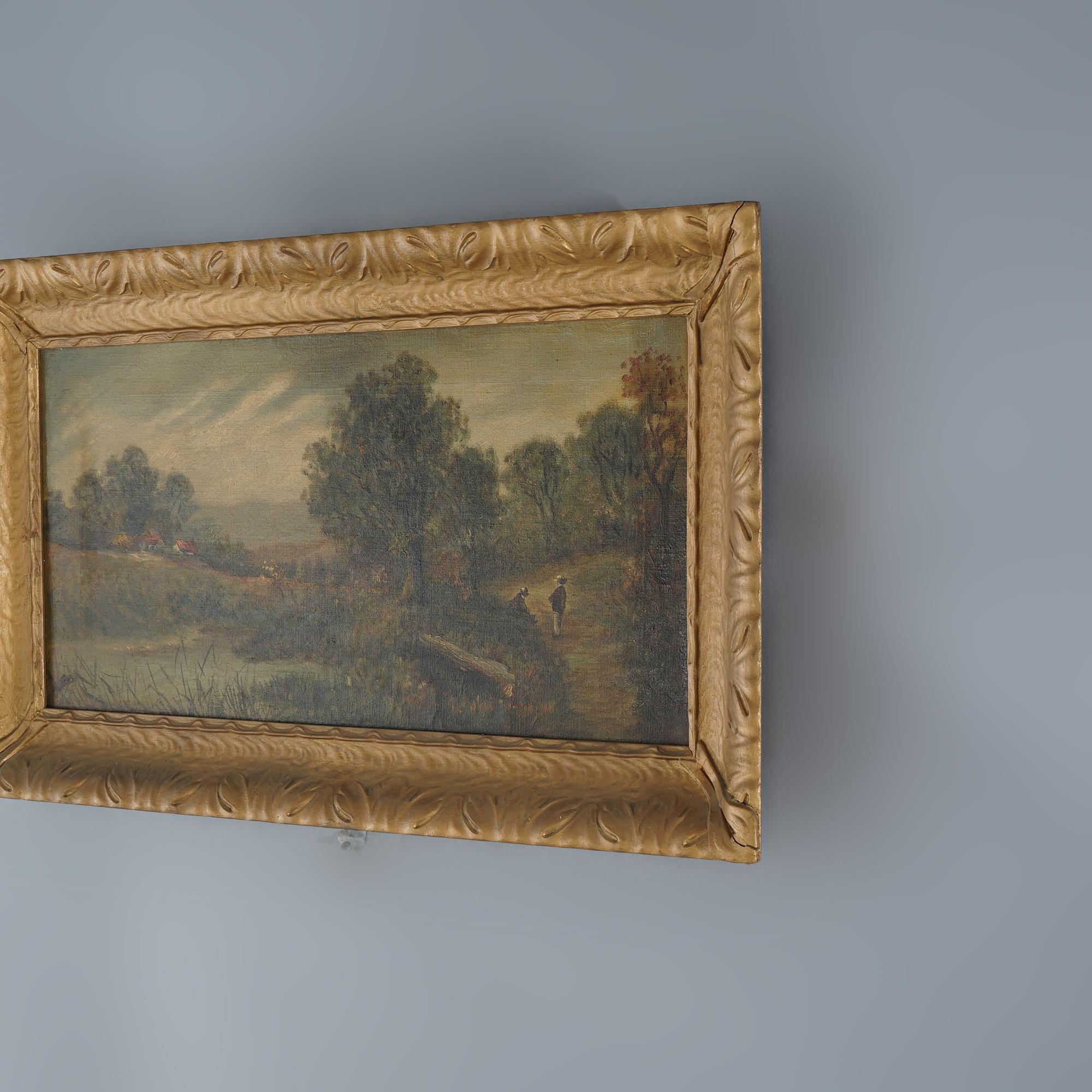 Chatten Oil on Canvas Landscape of Rural Village Scene, Framed, C1890 In Good Condition For Sale In Big Flats, NY