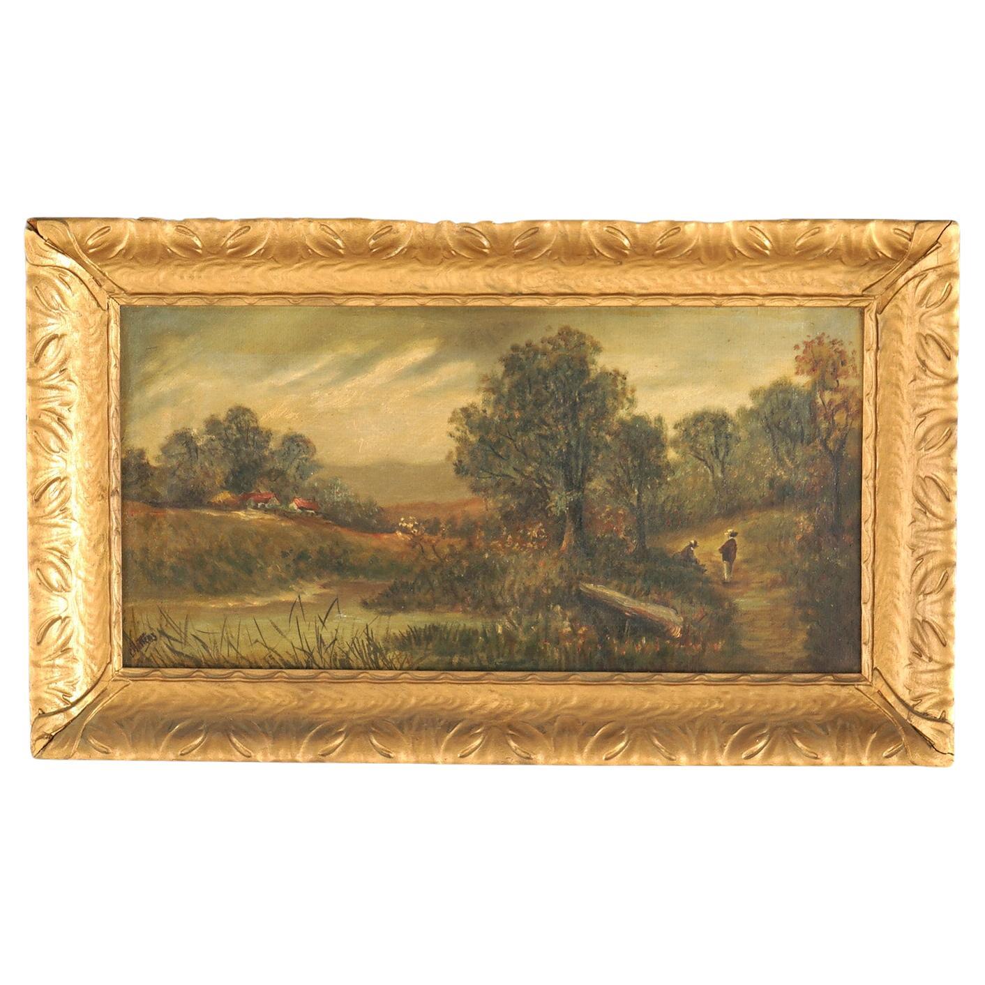 Chatten Oil on Canvas Landscape of Rural Village Scene, Framed, C1890 For Sale