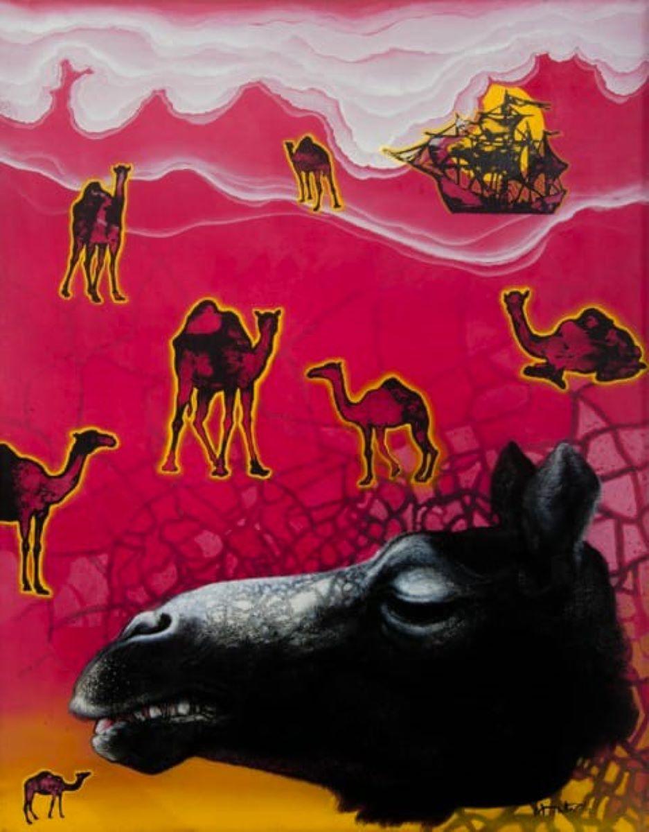 Animal Painting Chattrapati Dutta  - Face, acrylique sur toile, jaune, noir, de l'artiste indien contemporain « en stock »