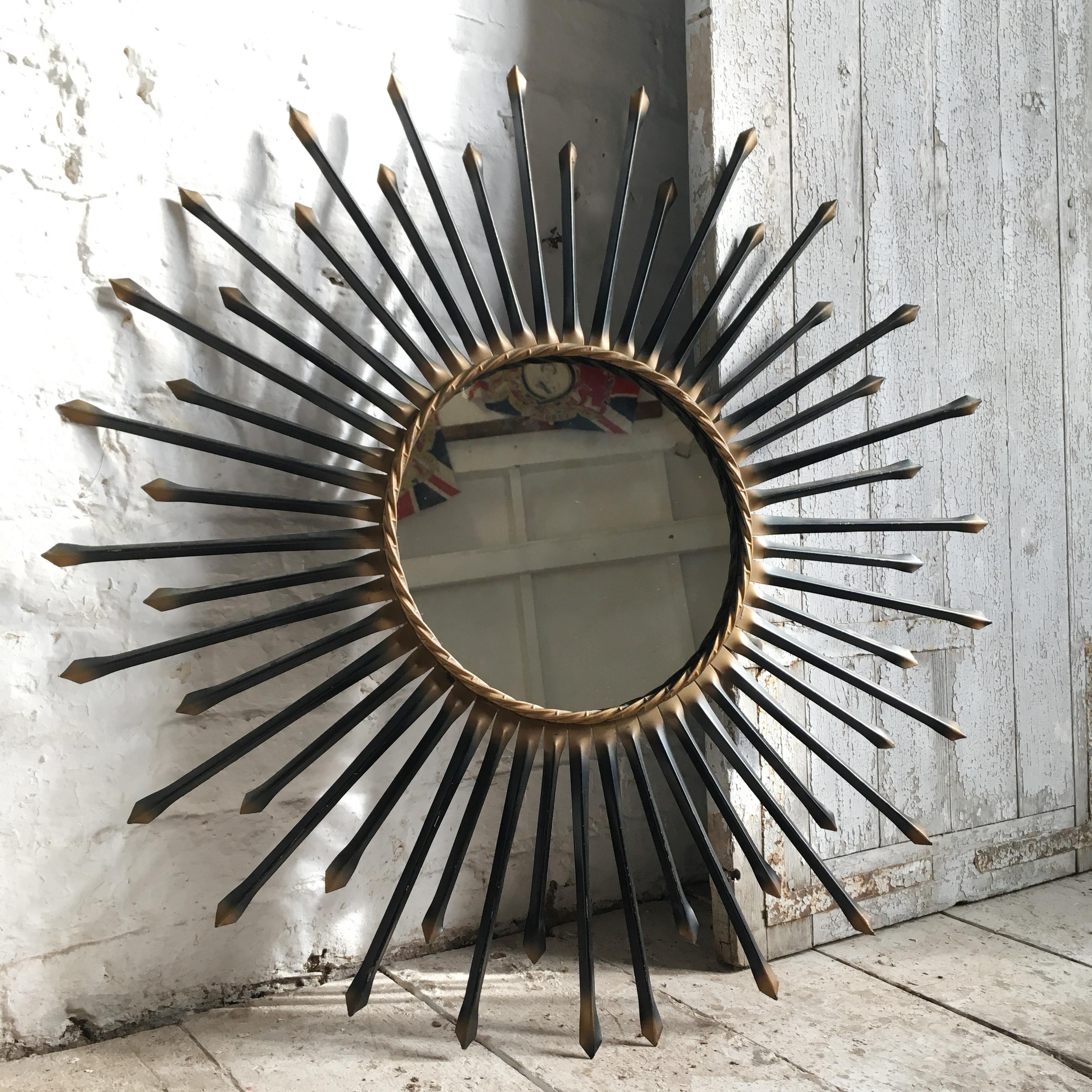 French Chaty Vallauris Black Sunburst Mirror 1950s