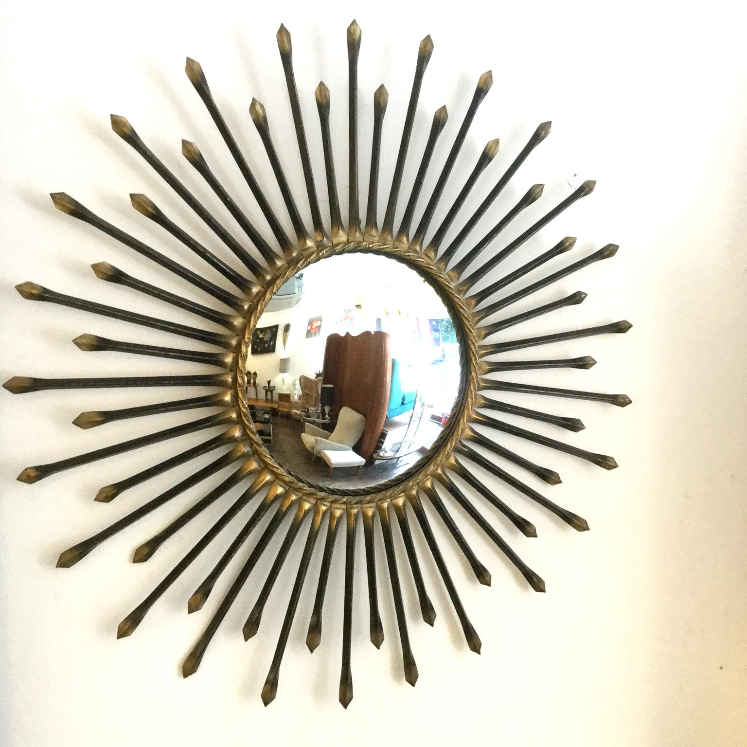 French Chaty Vallauris Convex Sunburst Mirror, France, 1950s