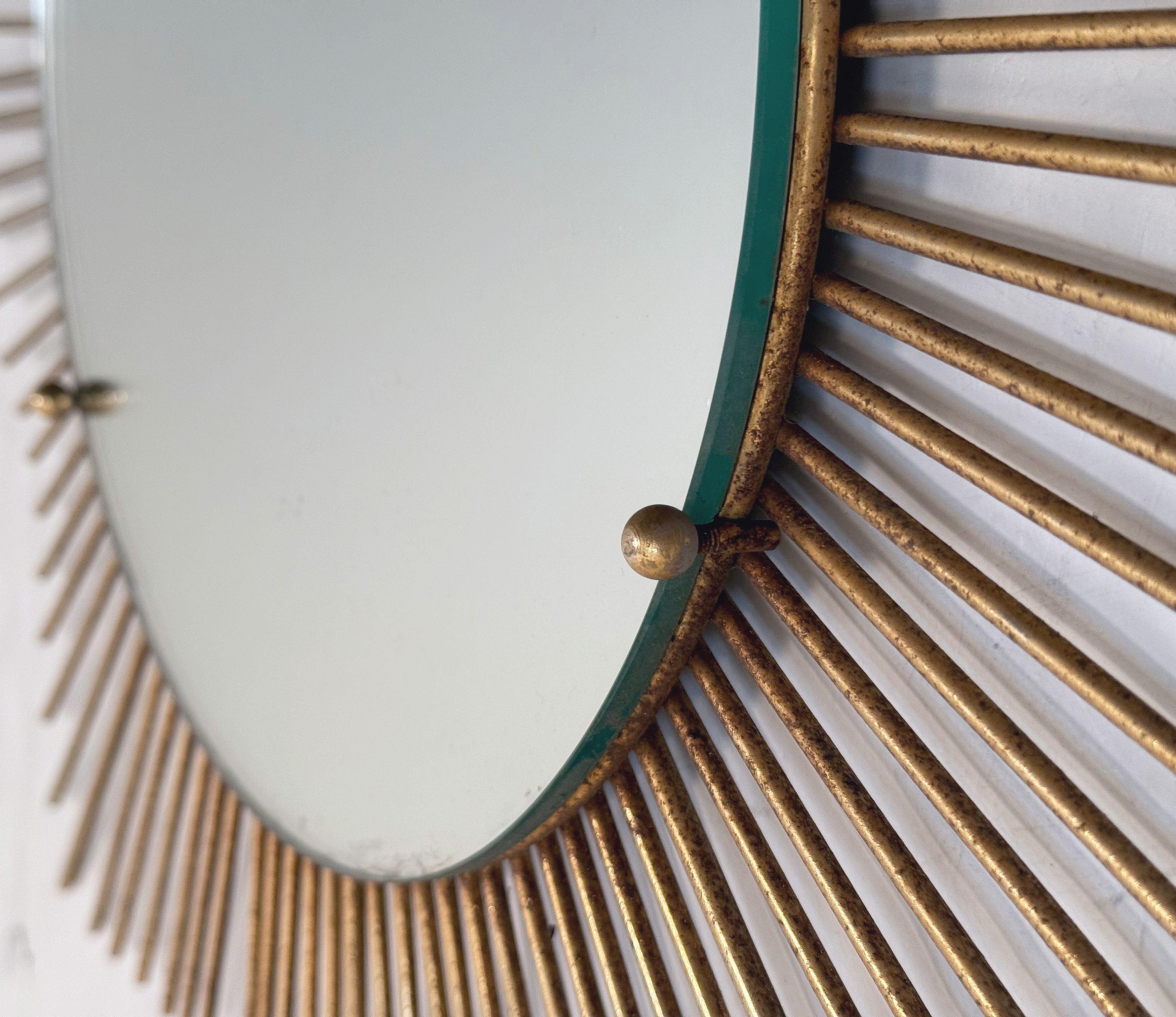 20th Century Chaty Vallauris Gilt Metal Starburst or Sunburst Mirror from France (Dia 25 3/4) For Sale