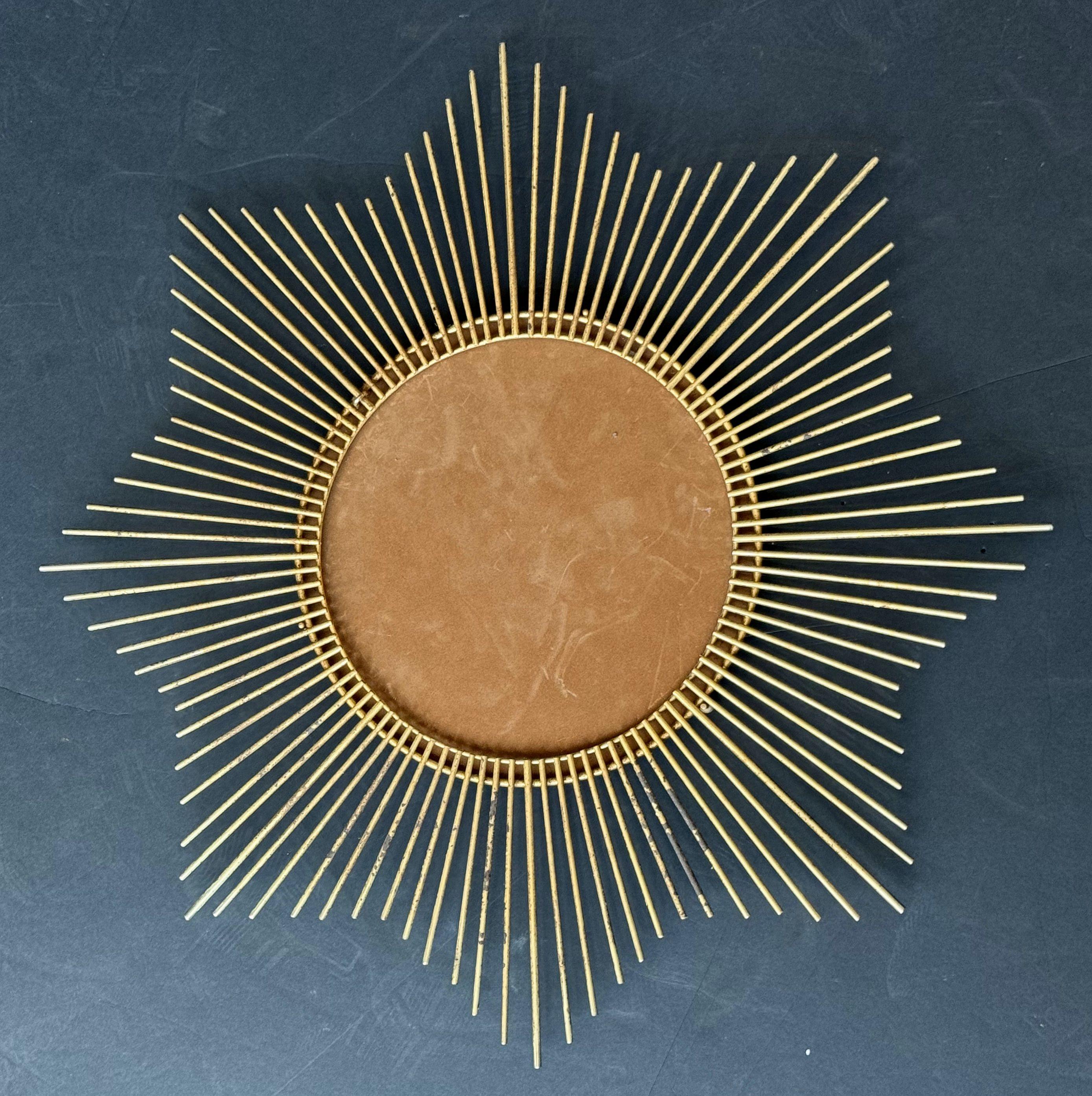 Glass Chaty Vallauris Gilt Metal Starburst or Sunburst Mirror from France (Dia 25 3/4) For Sale