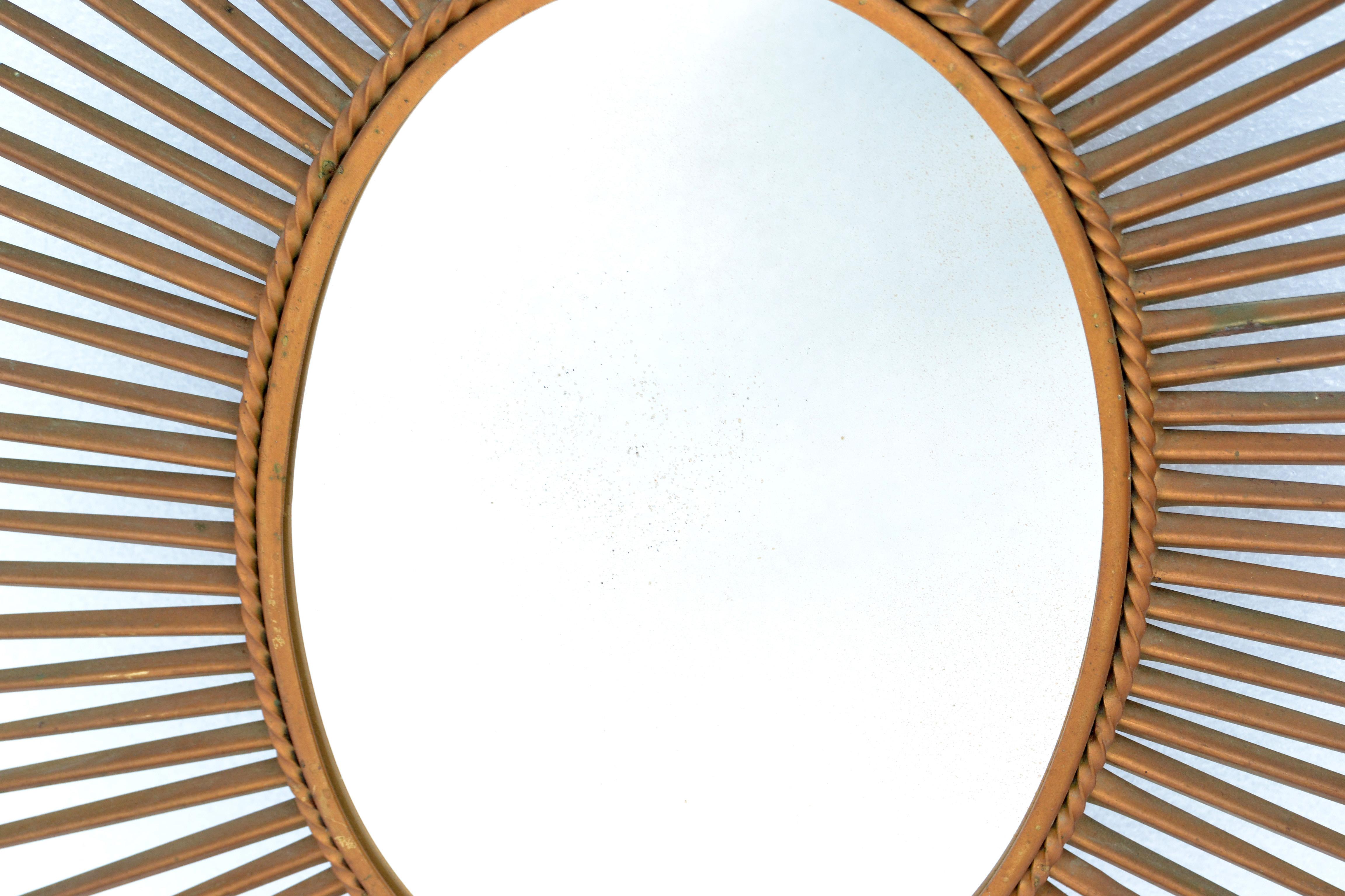 Chaty Vallauris Oval Metal Sunburst Wall Mirror Gold Finish France, 1970 For Sale 2