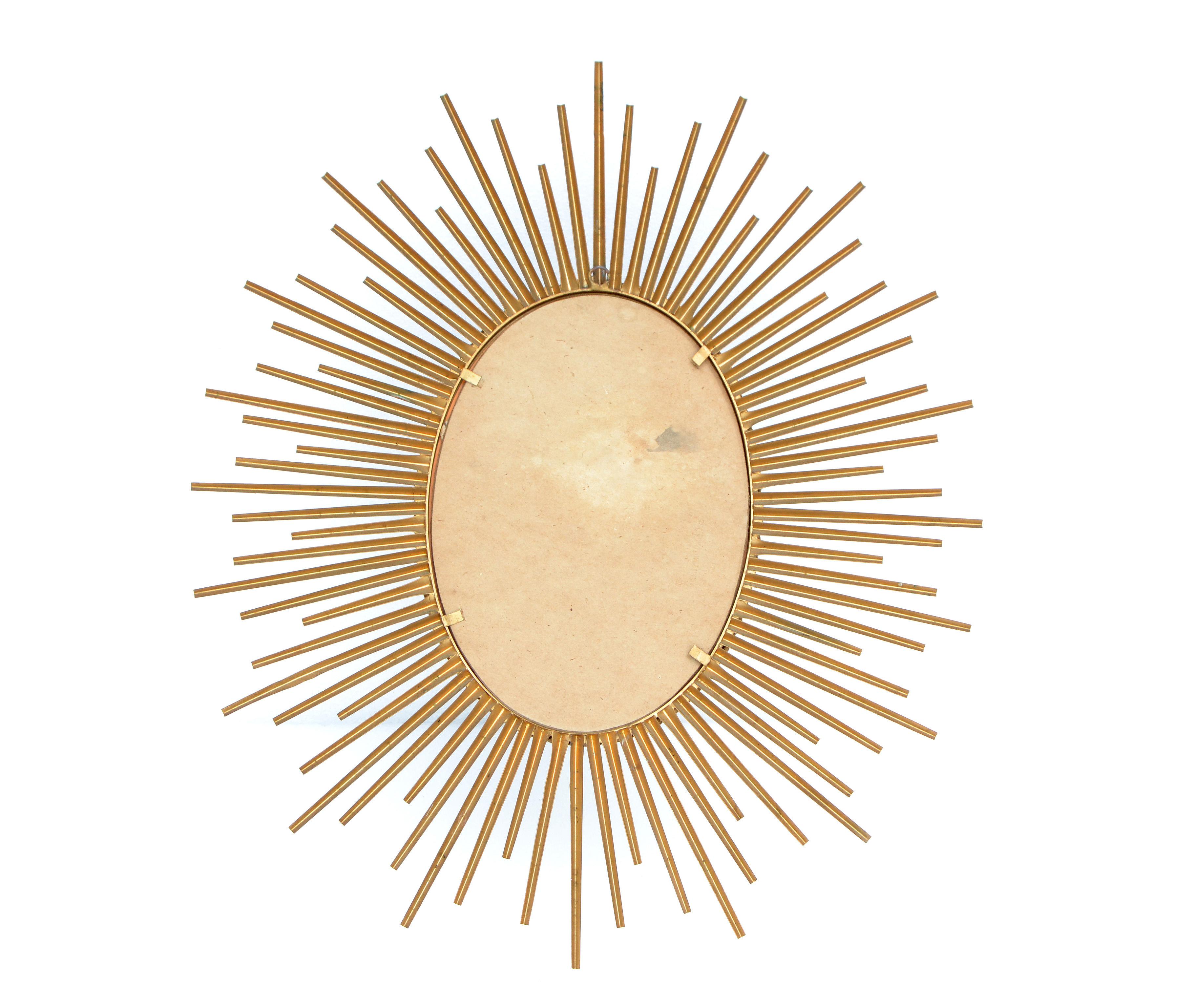 Chaty Vallauris Oval Metal Sunburst Wall Mirror Gold Finish France, 1970 For Sale 4