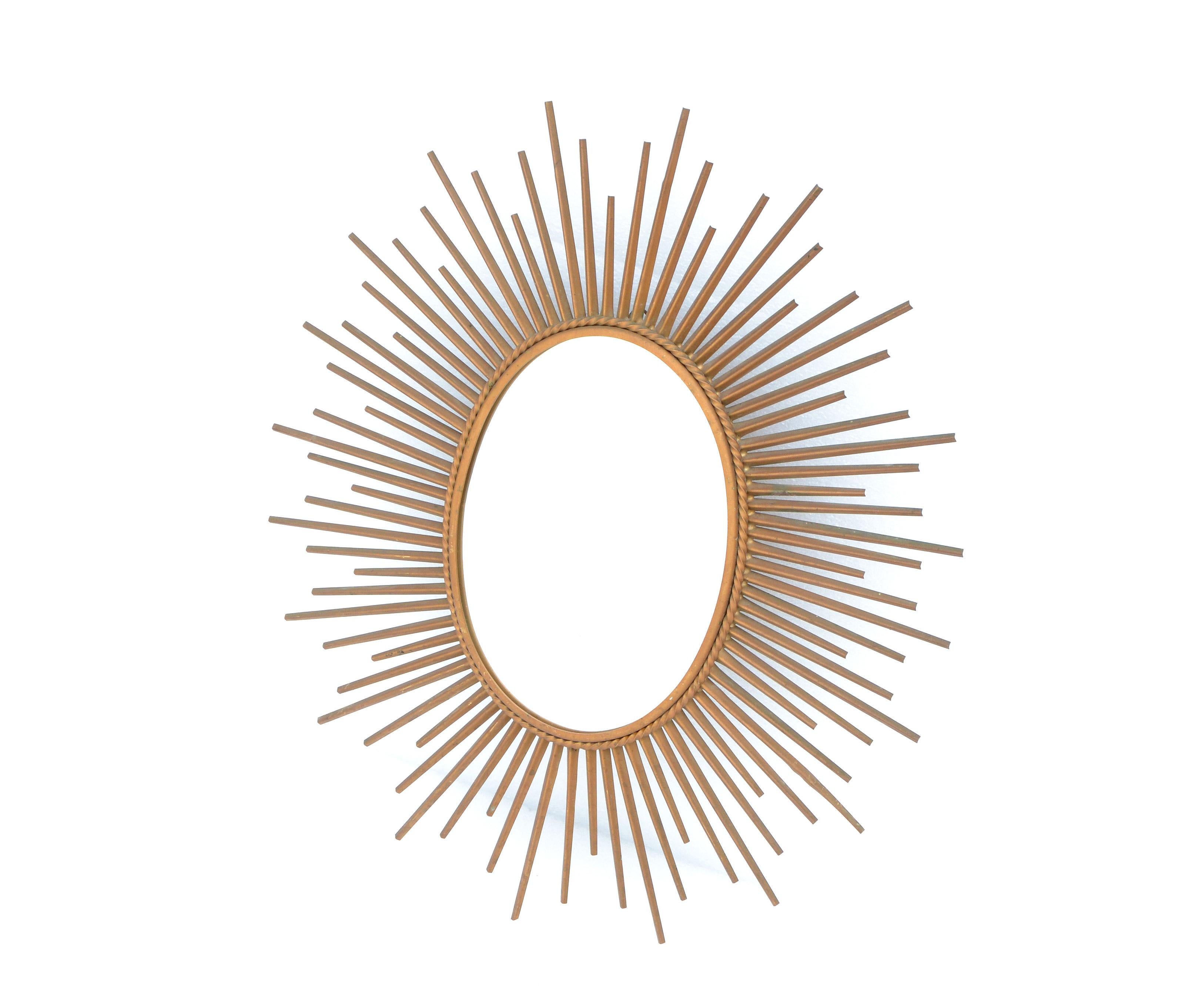 Mid-Century Modern Chaty Vallauris Oval Metal Sunburst Wall Mirror Gold Finish France, 1970 For Sale