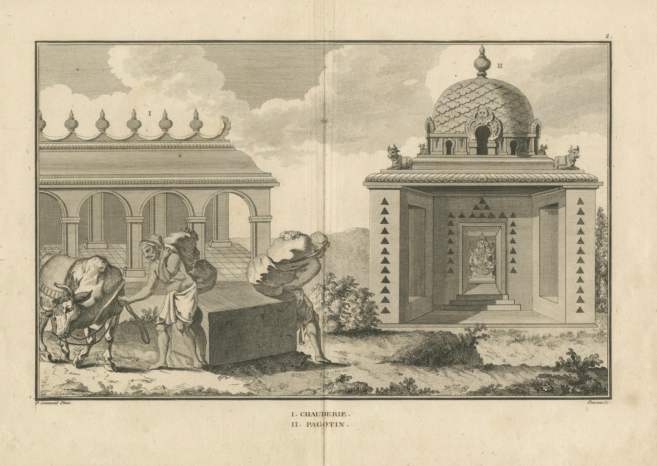 Chauderie- und Pagotin-Tempel, Indien - Sonnerat-Reisestich, 1806

Dieser antike Kupferstich mit dem Titel 