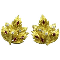 Vintage Chaumet, 18 Karat Yellow Gold Ladies Clip-On Earrings with Rubies and Diamonds