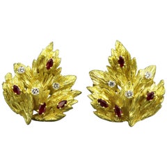 Chaumet, 18 Karat Yellow Gold Ladies Clip-On Earrings with Rubies and Diamonds