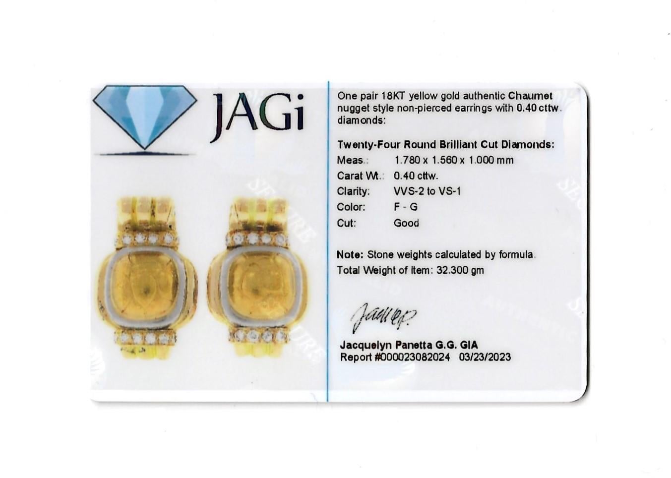 Chaumet Clous d'oreilles à clips en or jaune 18 carats de style pépite avec diamants  en vente 11