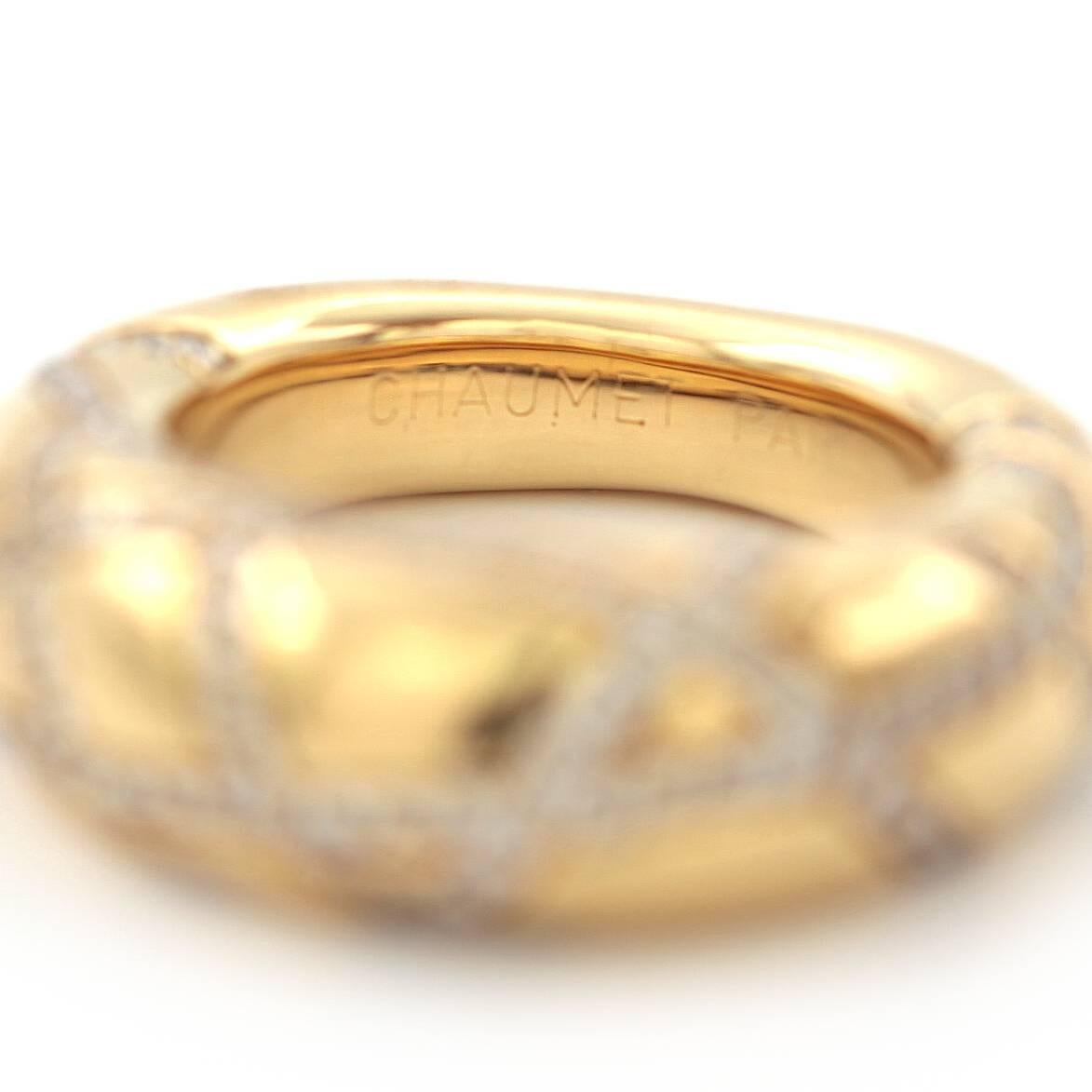 Modern Chaumet 18 Karat Yellow Gold Ring with Pave Diamonds