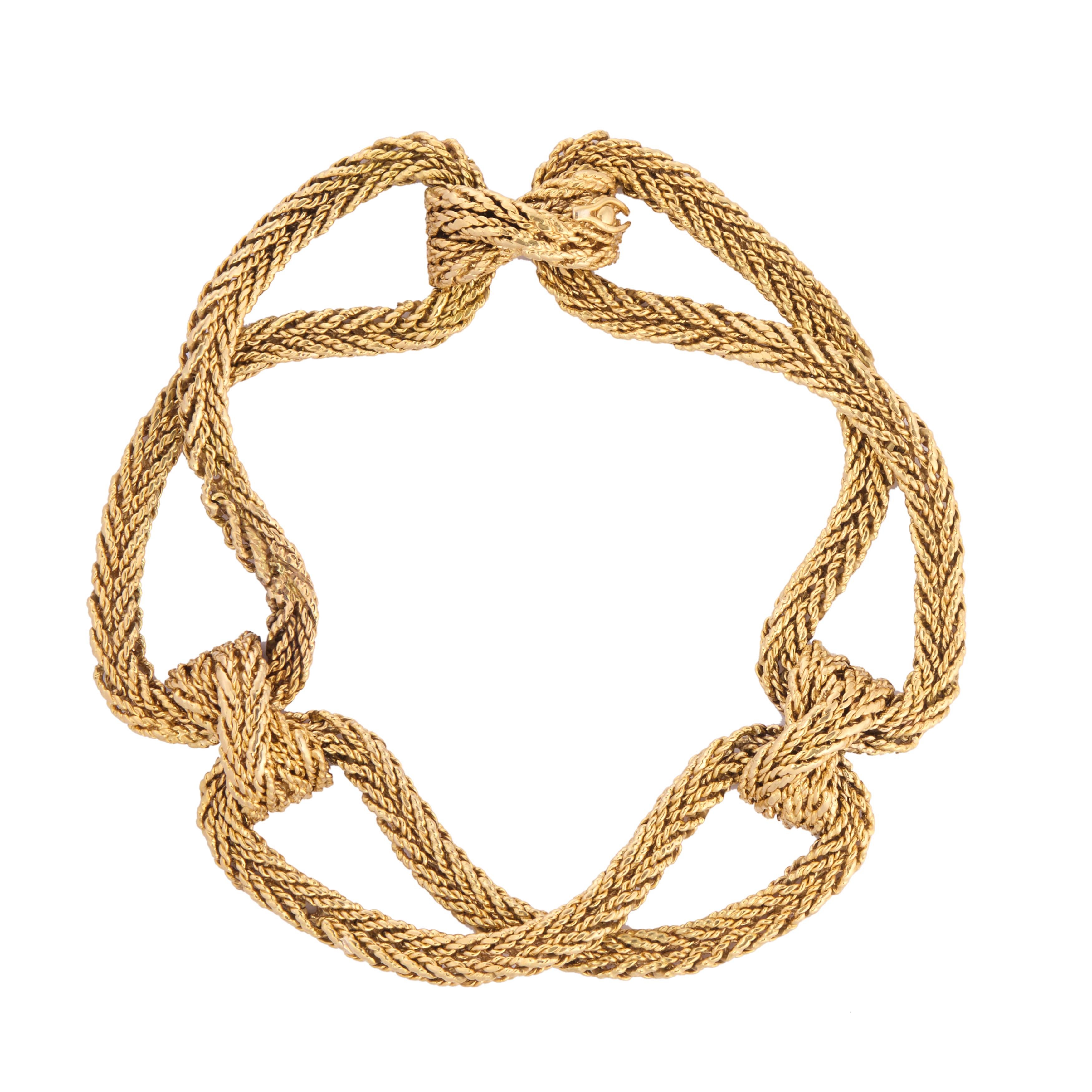 This 18-karat gold, long looped link bracelet is a classic statement from Maison Chaumet, circa 1965. Chaumet, born in 1740, is a Parisian house known for its official designation as jeweler to Napoleon Bonaparte’s wife, Empress Josephine, and its