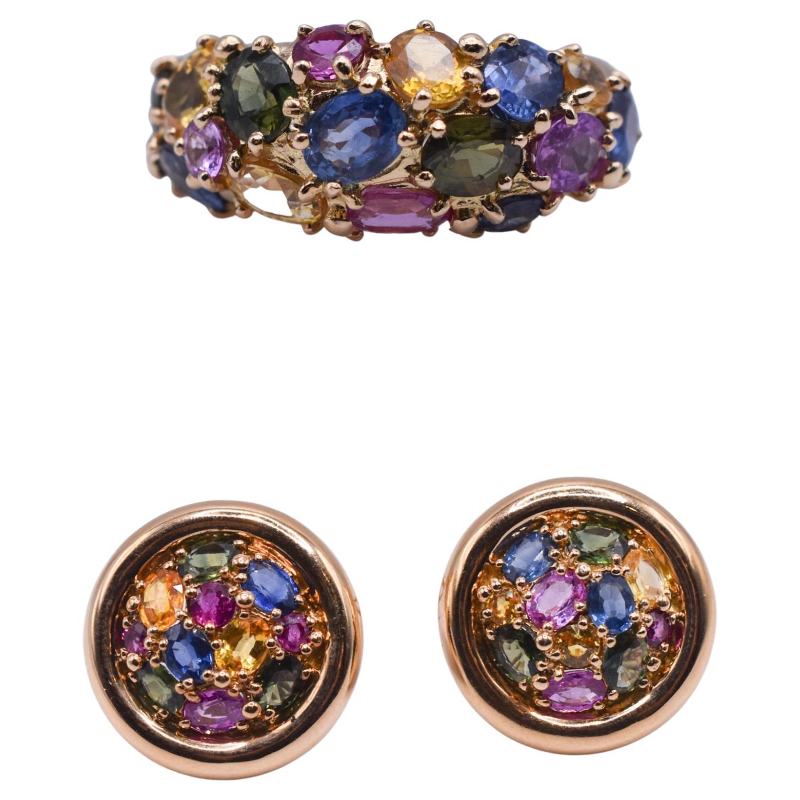 Chaumet 18k Gold Multi-colour Sapphire Earrings and Ring Set For Sale