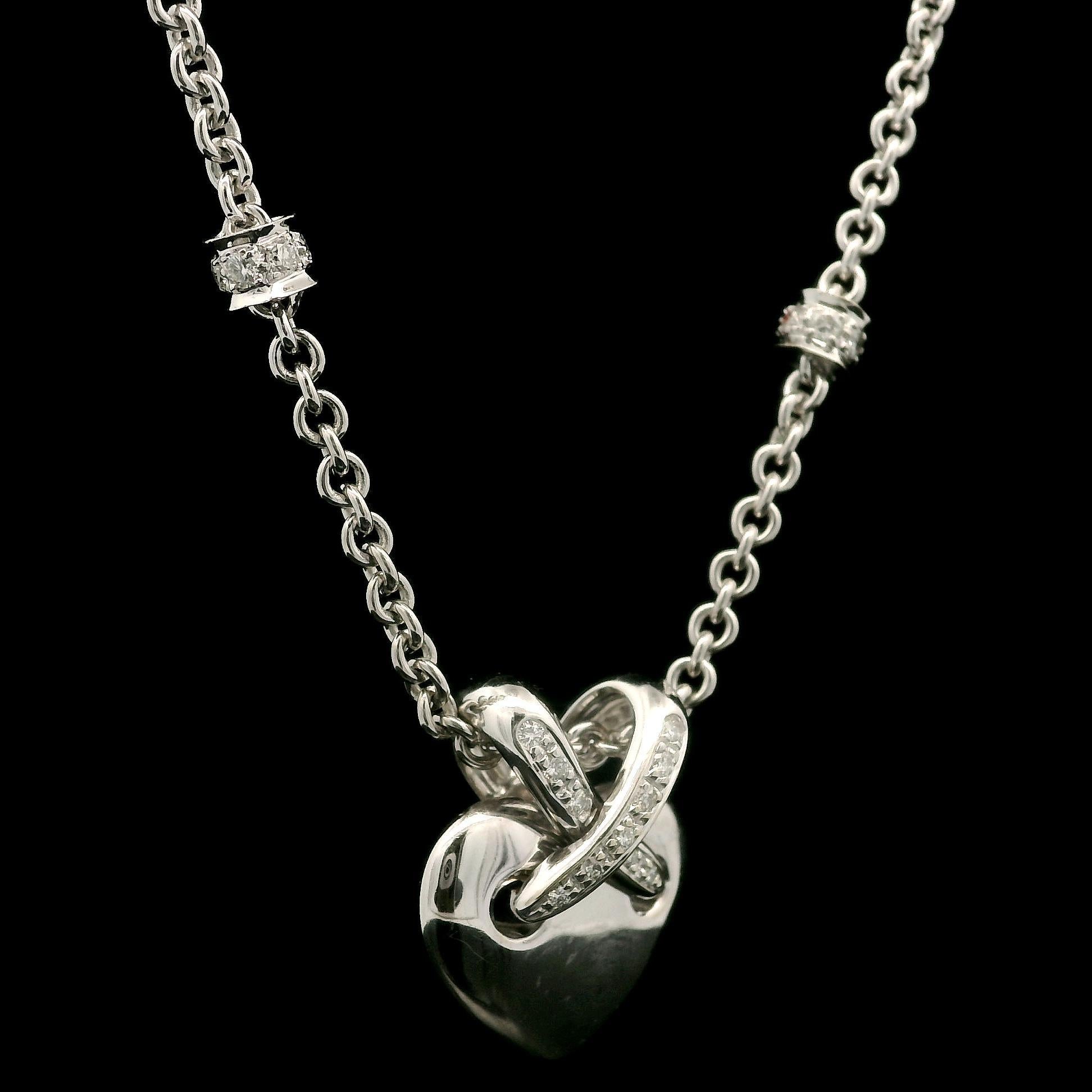 Brilliant Cut Chaumet 18k White Gold .50ctw Diamond Liens Heart Pendant Station Cable Necklace