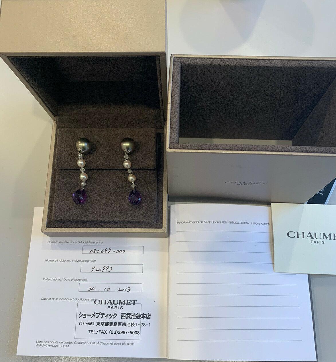 Chaumet 18K White Gold, Pearl & Amethyst Drop Earrings With Box & Papers

For sale is a stunning pair of Chaumet drop earrings. 
These stunning earrings are crafted in 18k white gold.
 The earrings are comprised of 2 pearls earrings approx. 11.7mm