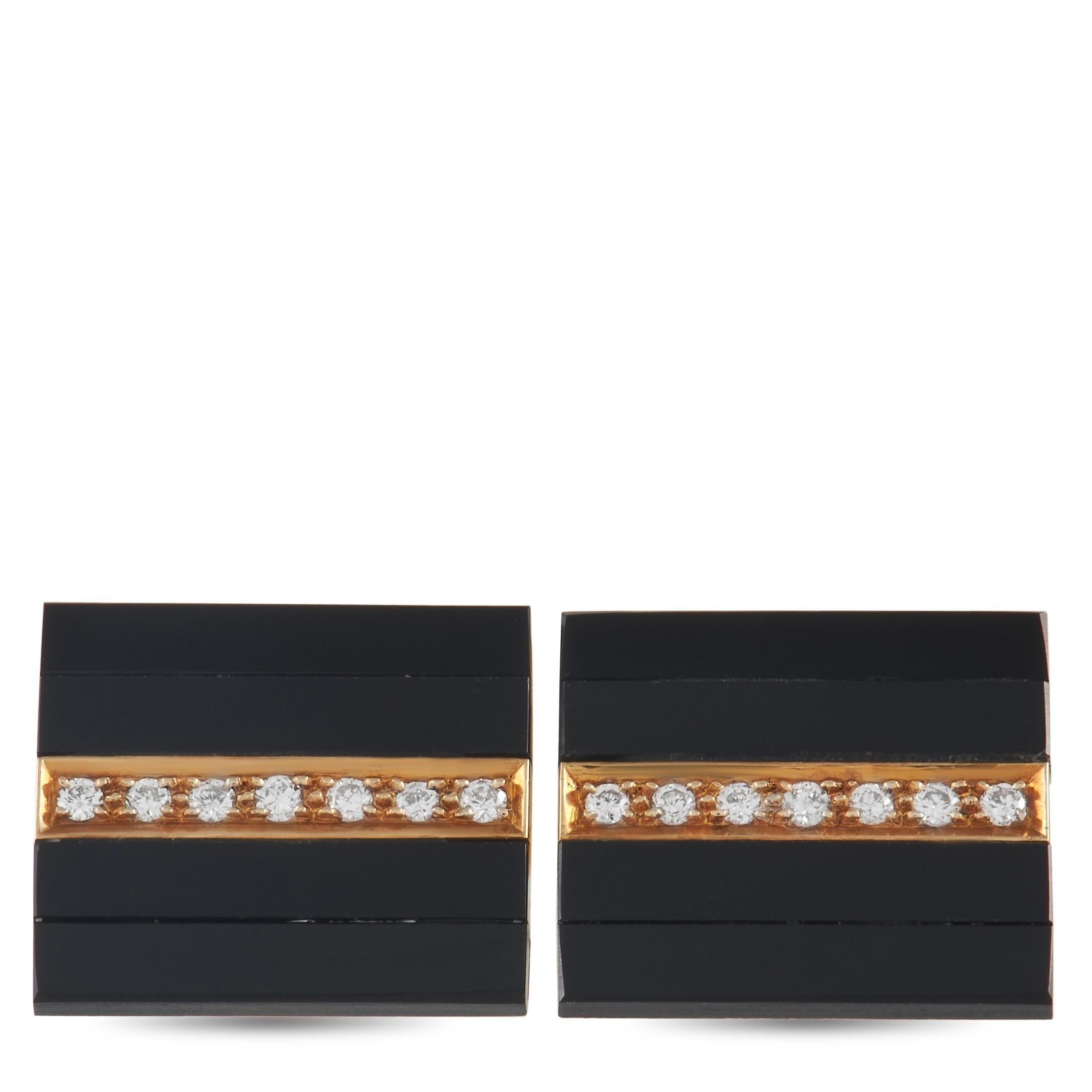 Each one of these stylish square cufflinks features a striking pairing of sleek black onyx bands and opulent 18K Yellow Gold. At the center you’ll also find a series of sparkling diamonds that together possess a total weight of 0.15 carats. An ideal