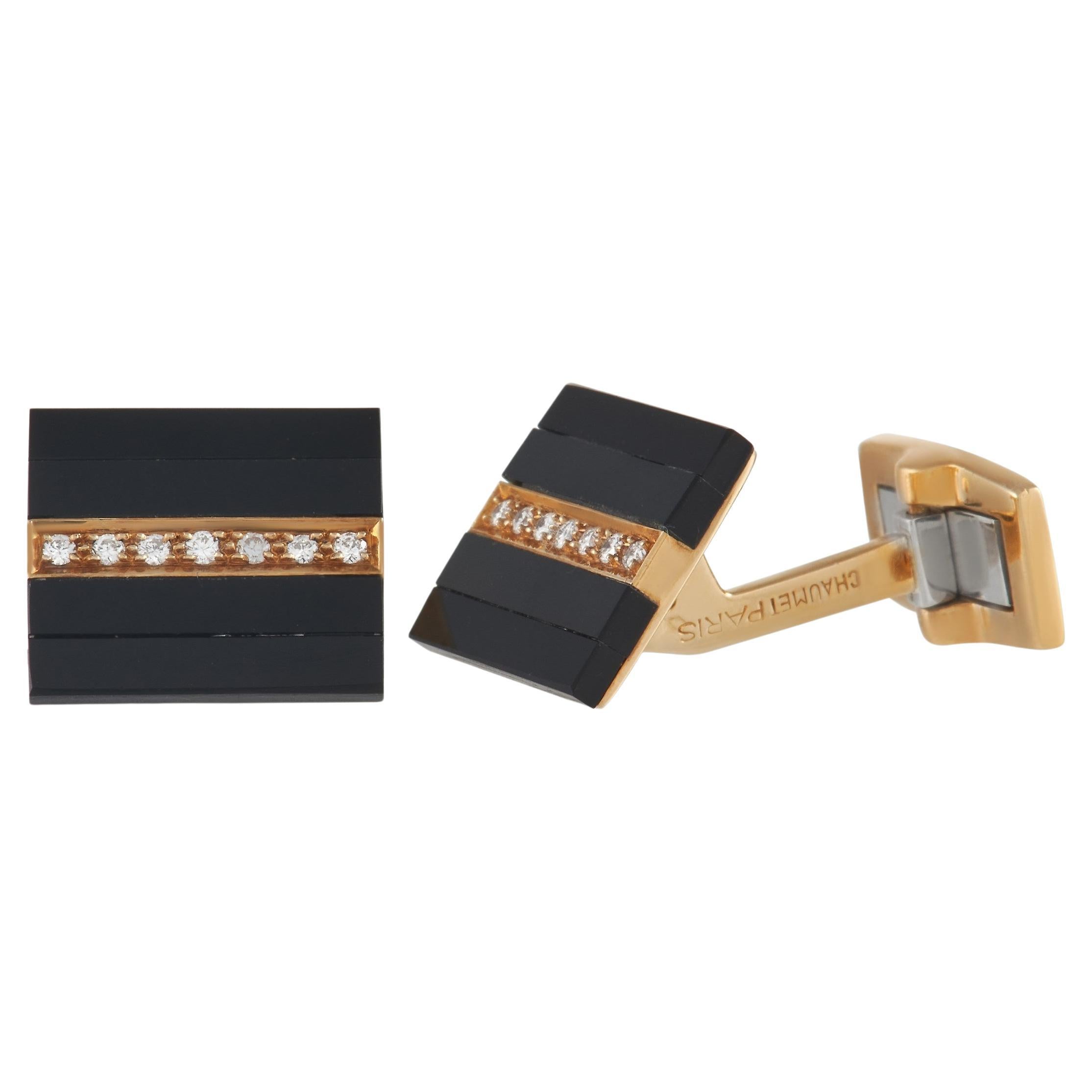 Chaumet 18K Yellow Gold 0.15 Ct Diamond and Onyx Cufflinks