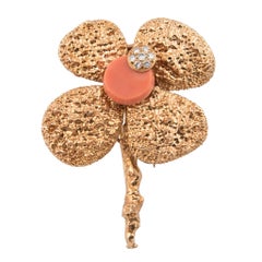 Chaumet 18k Yellow Gold Coral and Diamond Flower Brooch