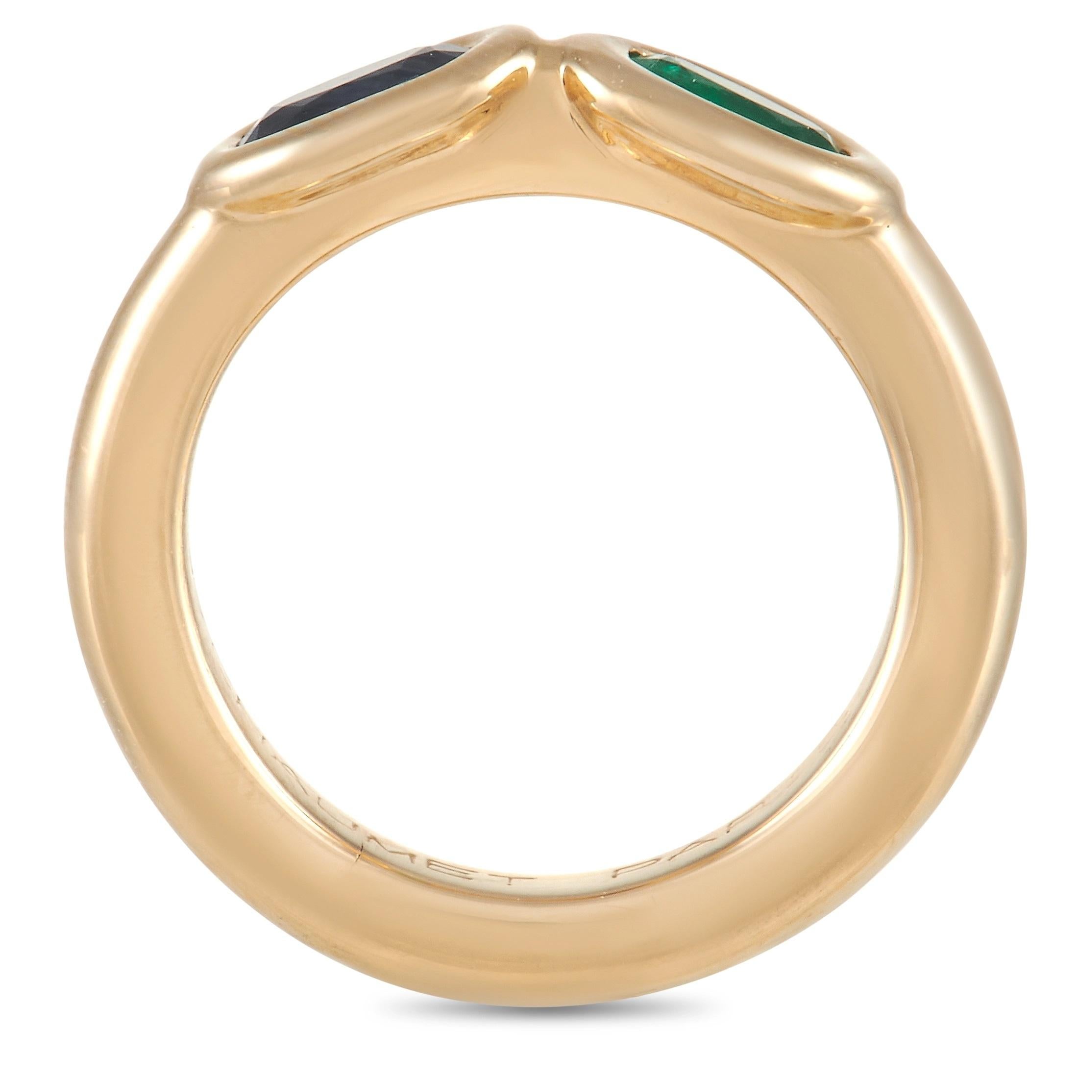 An opulent 18K Yellow Gold setting sets the stage for this dynamic design from Chaumet. Stunning and sophisticated, this ring pairs an elegant oval-cut sapphire with an oval-cut emerald. A 3mm top height and band width makes it a subtle piece that