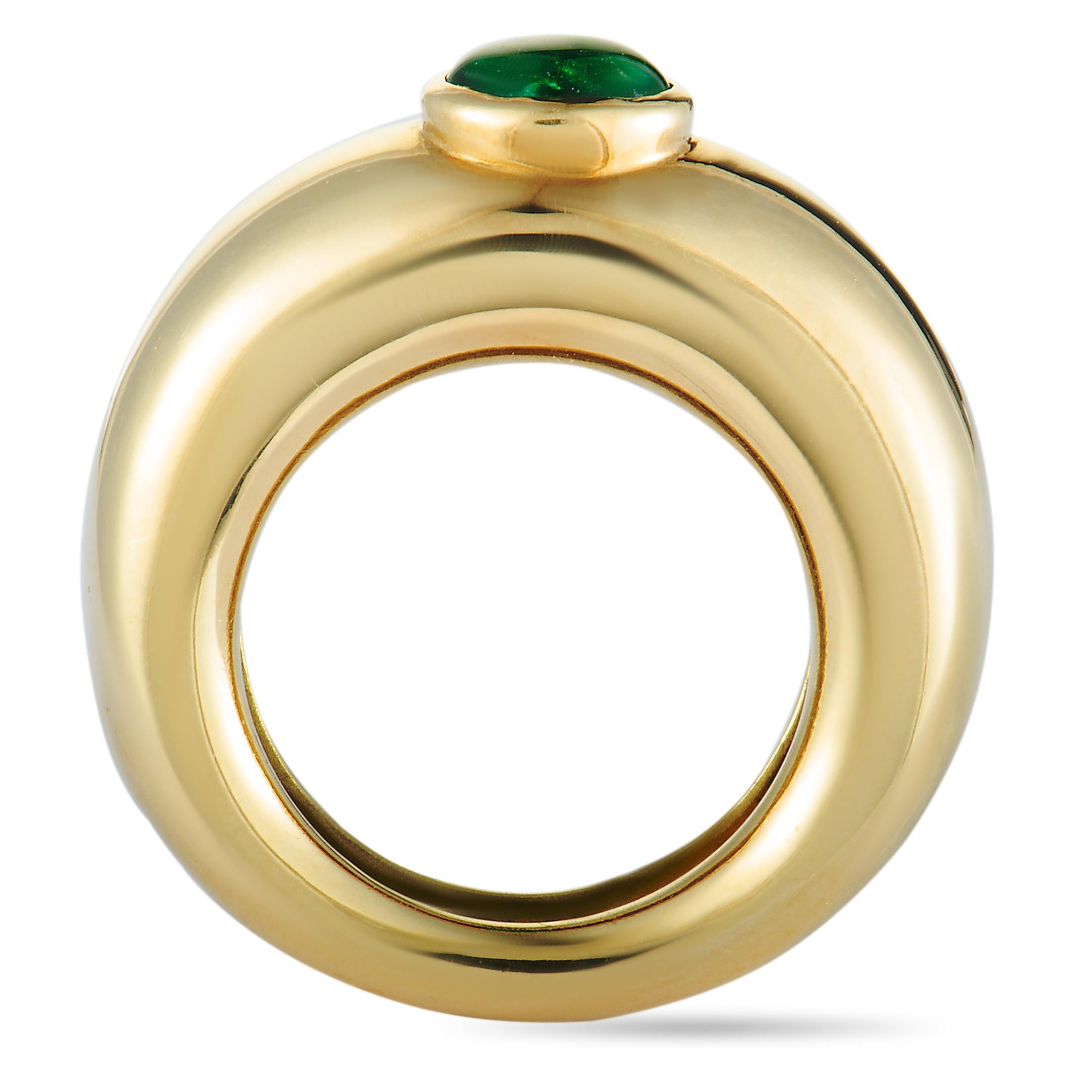 The ever-regal appeal of emerald is brought to a whole new level by the luxurious radiance of gold in this fascinating piece designed by Chaumet. The ring is masterfully crafted from 18K yellow gold and it weighs 11.7 grams.
Ring Top Dimensions: 7mm