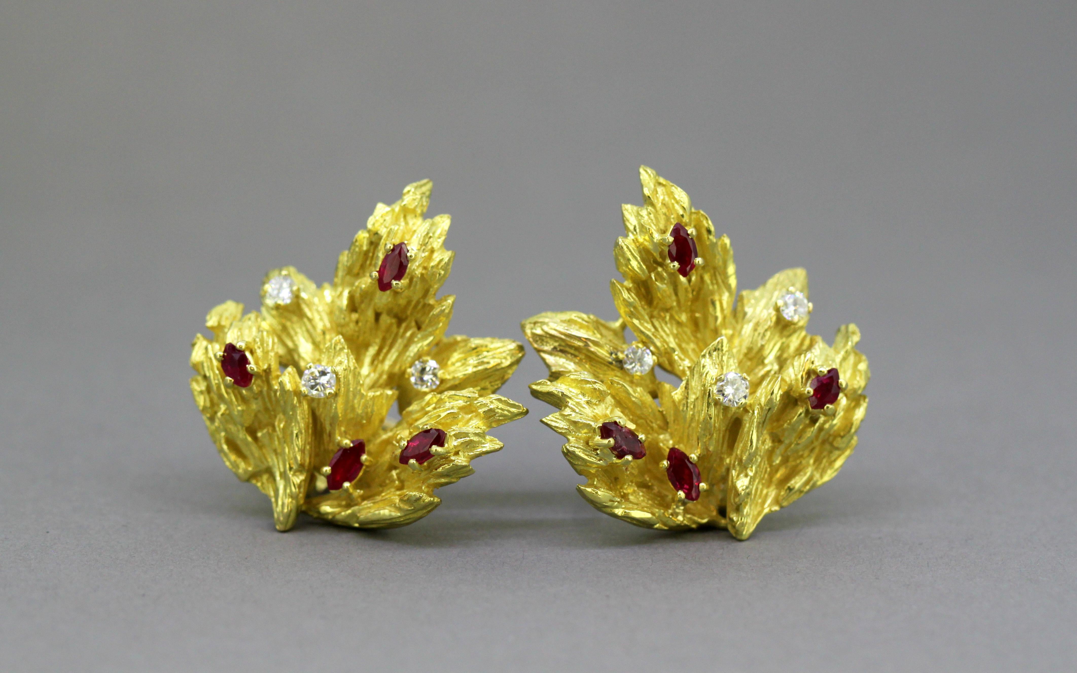 Chaumet, 18 Karat Yellow Gold Ladies Clip-On Earrings with Rubies and Diamonds In Excellent Condition In Braintree, GB