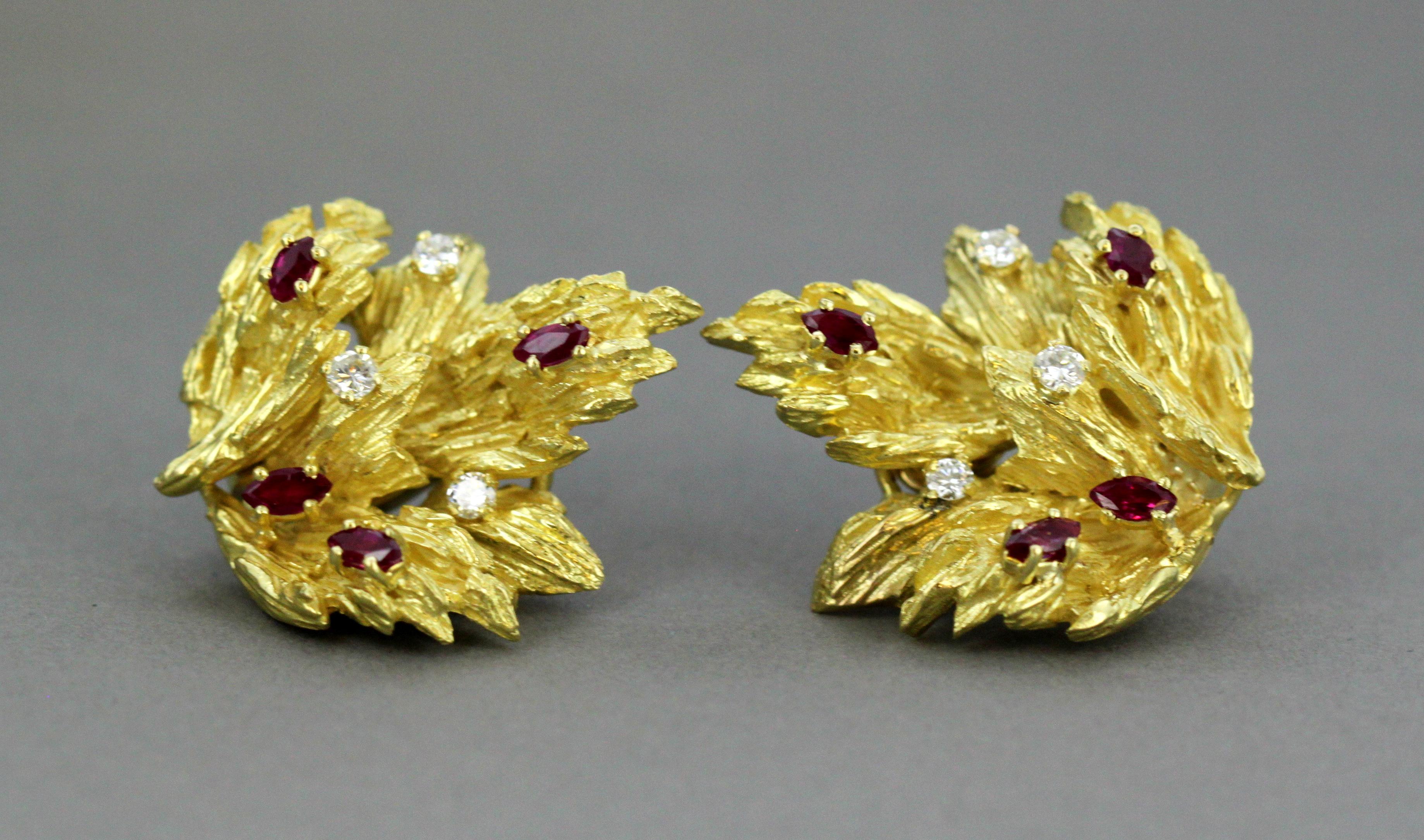 Chaumet, 18 Karat Yellow Gold Ladies Clip-On Earrings with Rubies and Diamonds 5