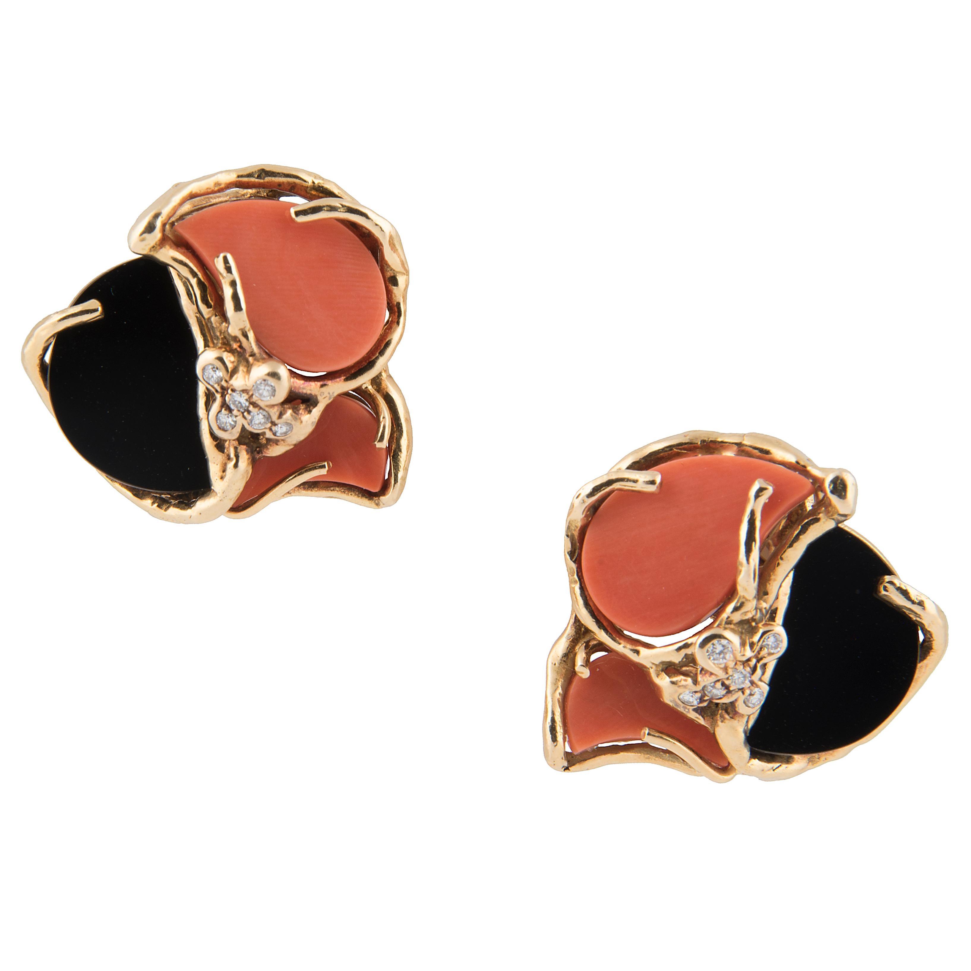 Chaumet 18k Yellow Gold Onyx Coral and Diamond Earrings For Sale