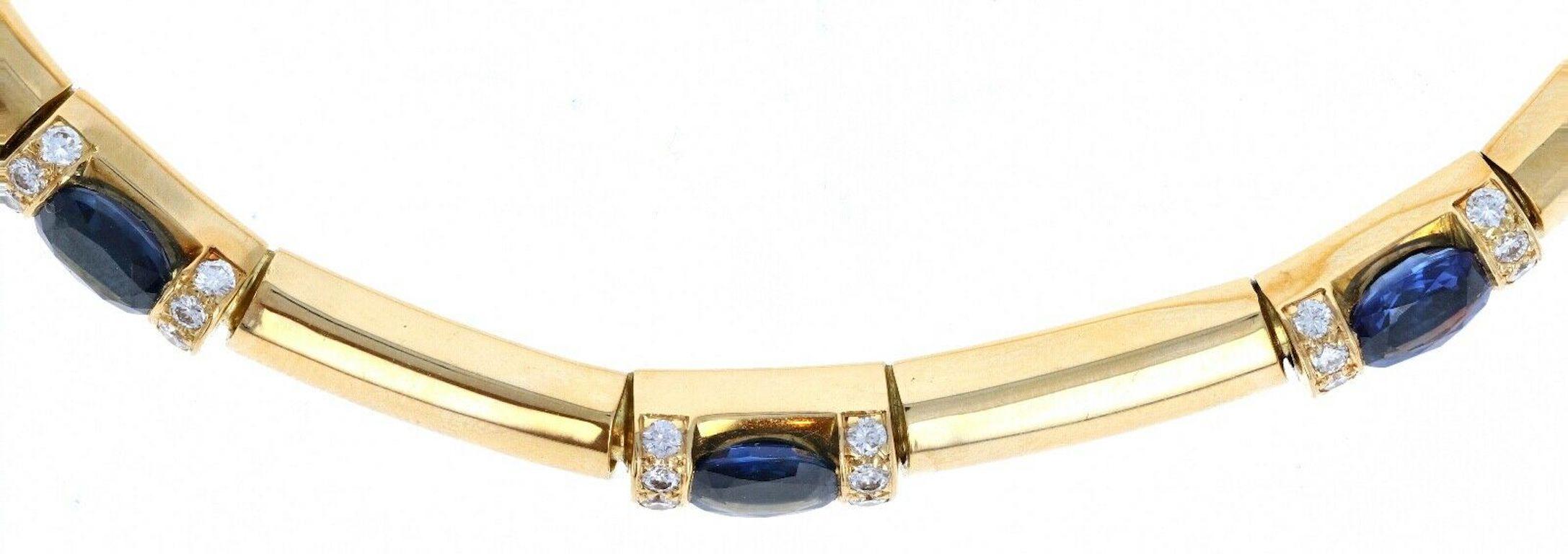 Chaumet 18K Yellow Gold, Sapphire & Diamond Necklace 68.8g

For sale is a Chaumet sapphire and diamond necklace. 
The necklace is ' inches in length 
Crafted in 18k yellow gold
approx. 0.30 cts of round brilliant cut diamonds.
3 sapphires equalling