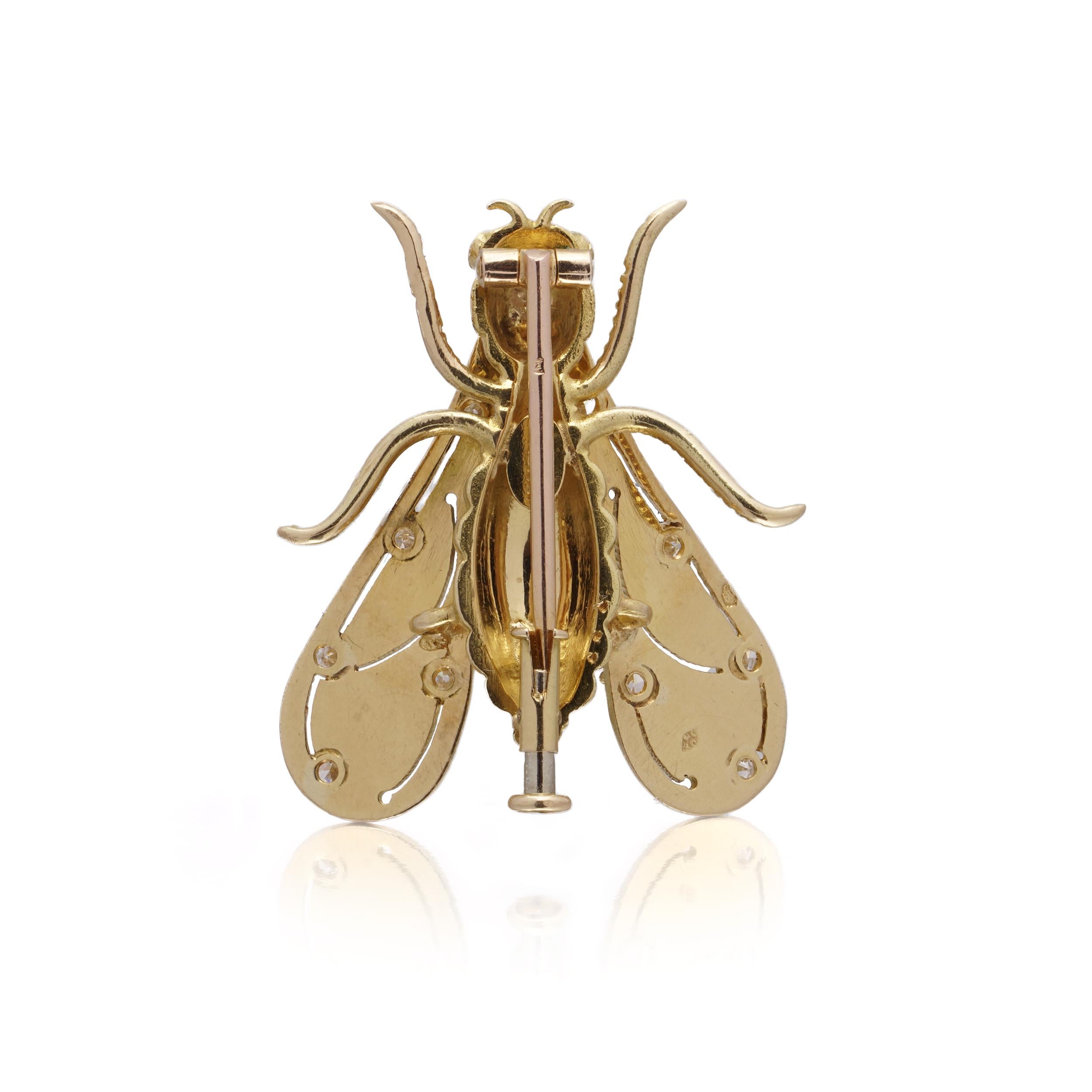 Brilliant Cut Chaumet 18kt Gold Insect Brooch with Diamonds and Emerald Eyes For Sale