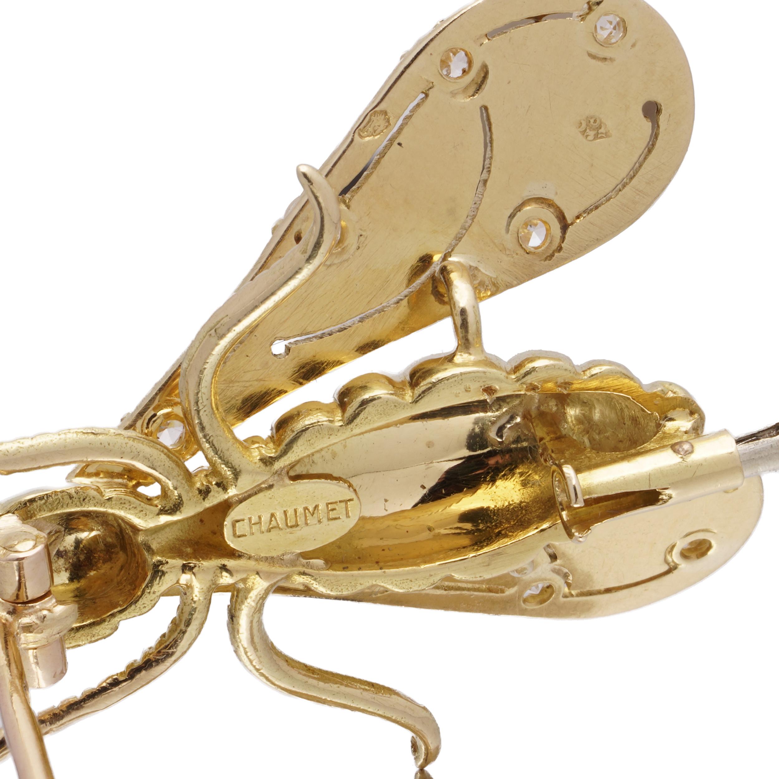 Women's Chaumet 18kt Gold Insect Brooch with Diamonds and Emerald Eyes For Sale