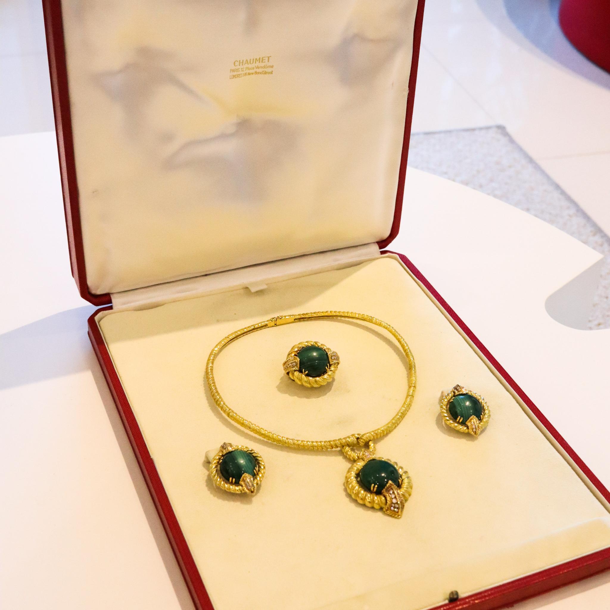 Chaumet 1960 Paris Complete Boxed Suite 18Kt Gold 62.56 Cts Diamonds Malachite For Sale 7