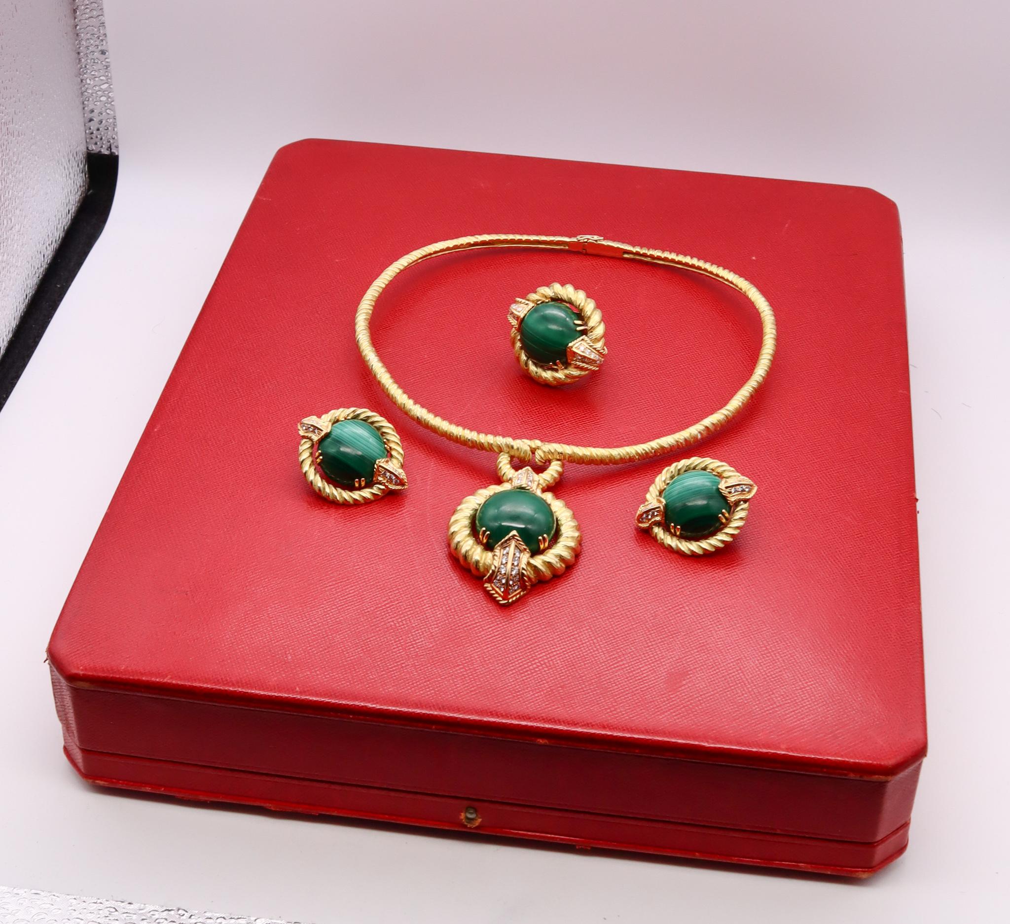Chaumet 1960 Paris Complete Boxed Suite 18Kt Gold 62.56 Cts Diamonds Malachite For Sale 9