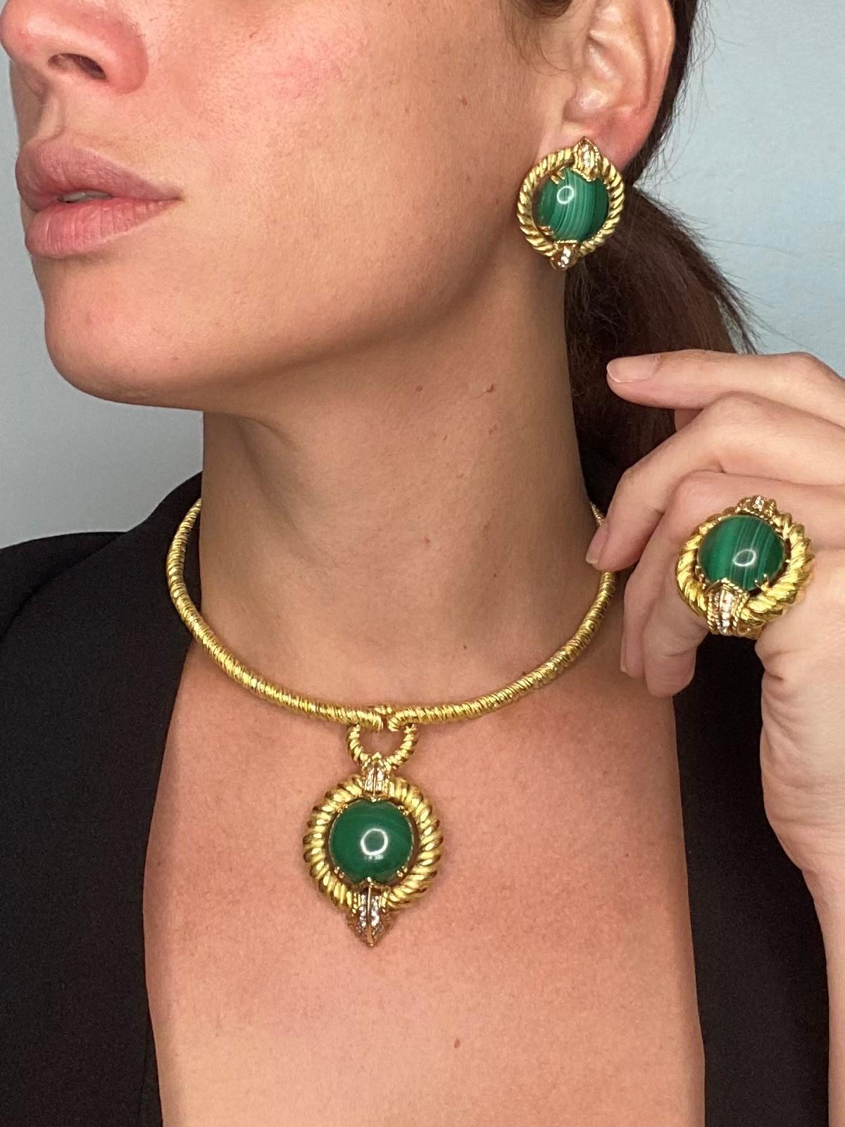 Chaumet 1960 Paris Complete Boxed Suite 18Kt Gold 62.56 Cts Diamonds Malachite In Excellent Condition For Sale In Miami, FL