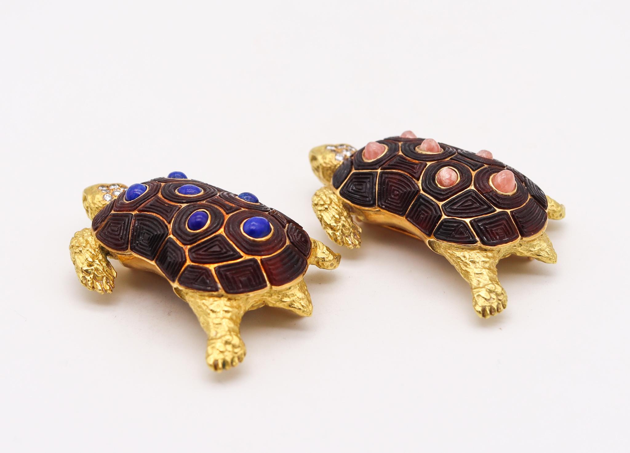 Cabochon Chaumet 1960 Paris Pair Of Turtles Brooches 18Kt Gold 13.82 Cts Diamonds & Gems For Sale