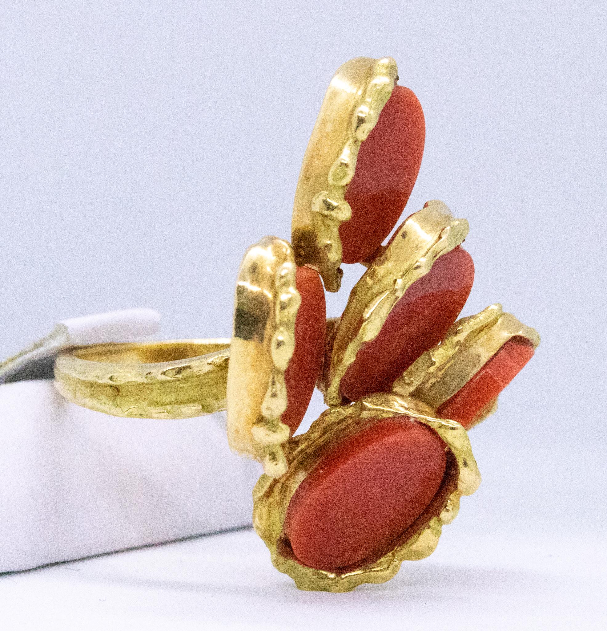 Women's Chaumet 1970 Paris Retro Cocktail Ring in 18Kt Gold with Red Coral Carvings For Sale