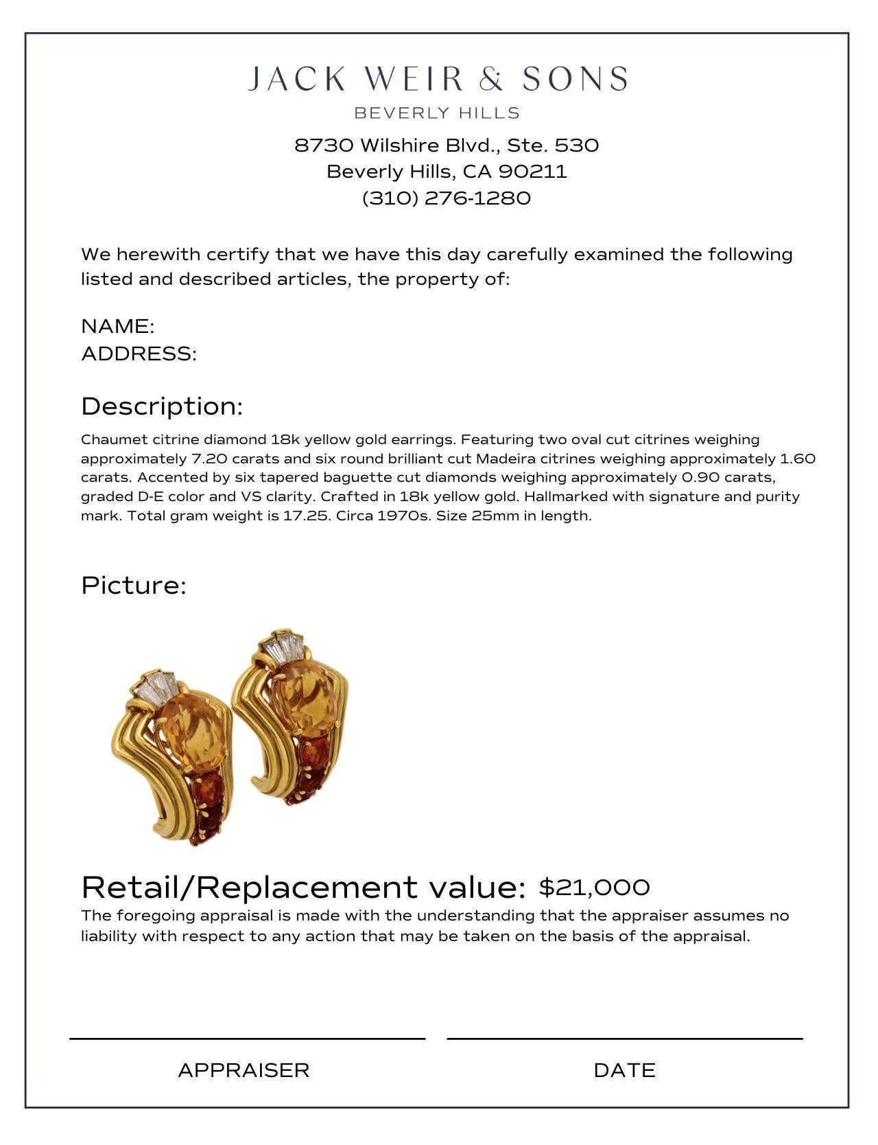 Chaumet, boucles d'oreilles en or jaune 18 carats, diamants et citrine, poids total de 8,80 carats Pour femmes en vente