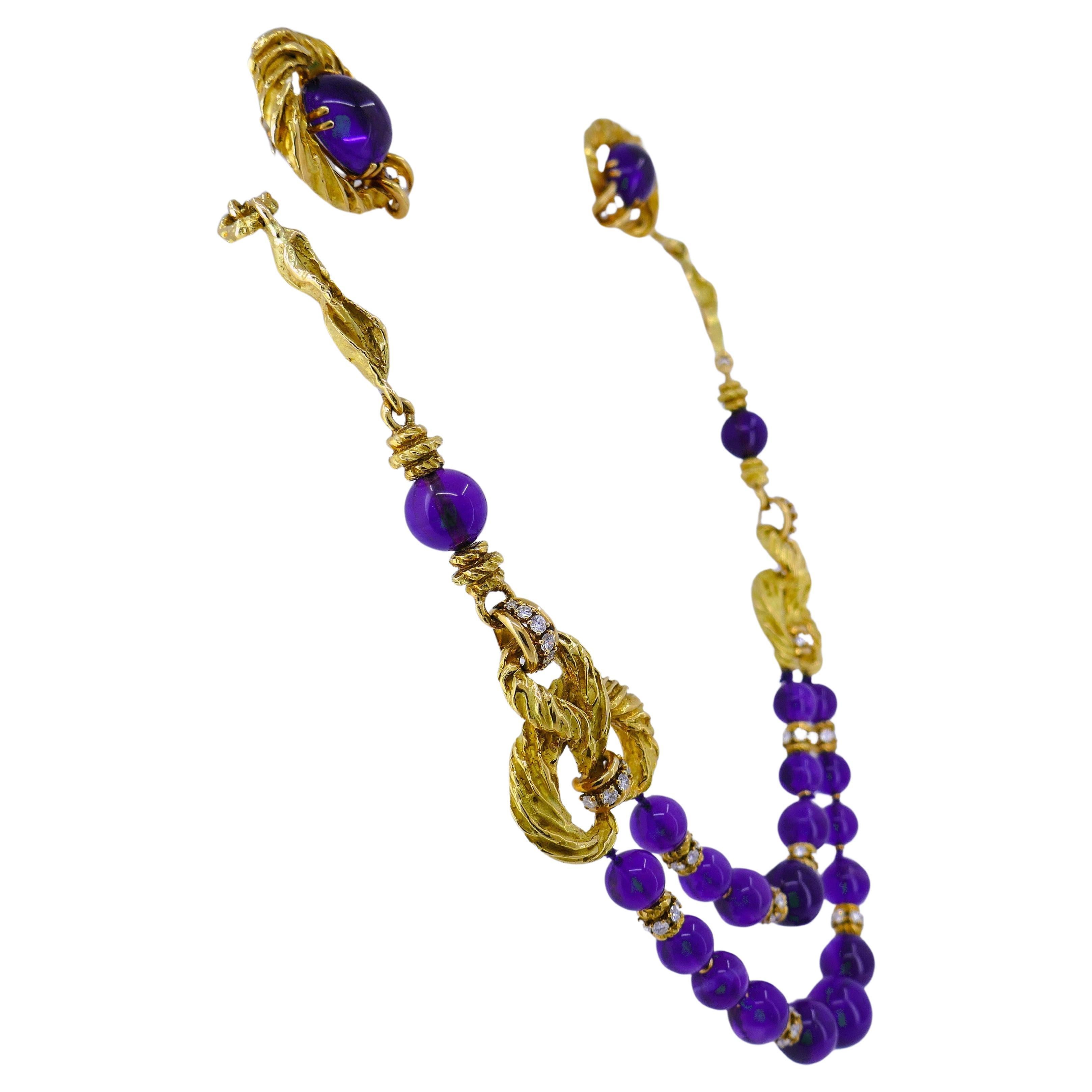 Chaumet Amethyst Diamond 18k Gold Vintage Set Estate Jewelry In Good Condition For Sale In Beverly Hills, CA