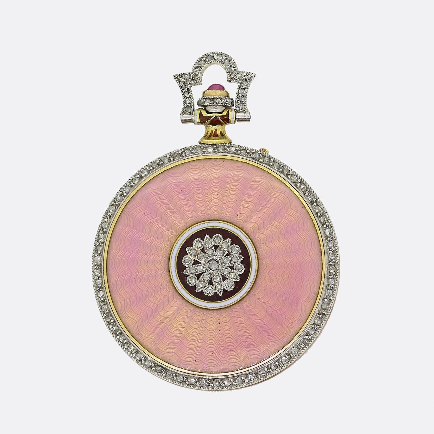 Here we have an outstanding ladies pocket watch from the world renowned luxury jewellery designer, Chaumet. This piece was crafted from 18ct gold at a time when the Art Deco style was at the height of design. A golden coloured dial is circulated,